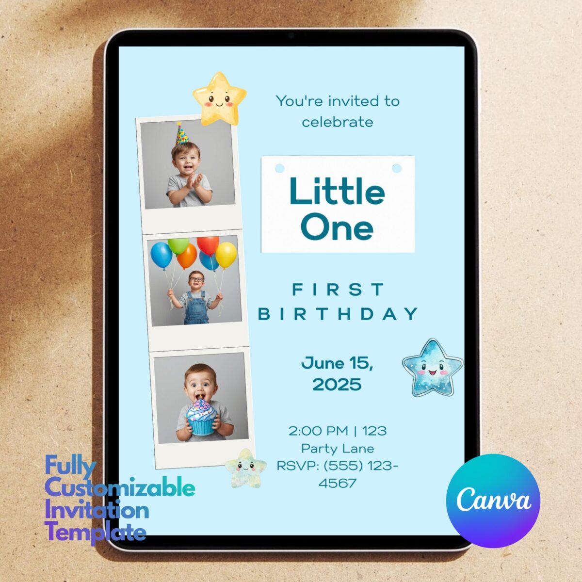 Editable First Birthday Invitation Template for Boy | Little One Birthday Invite Canva Template | Printable Blue First Birthday Party Invitation | 1BINVITE-004