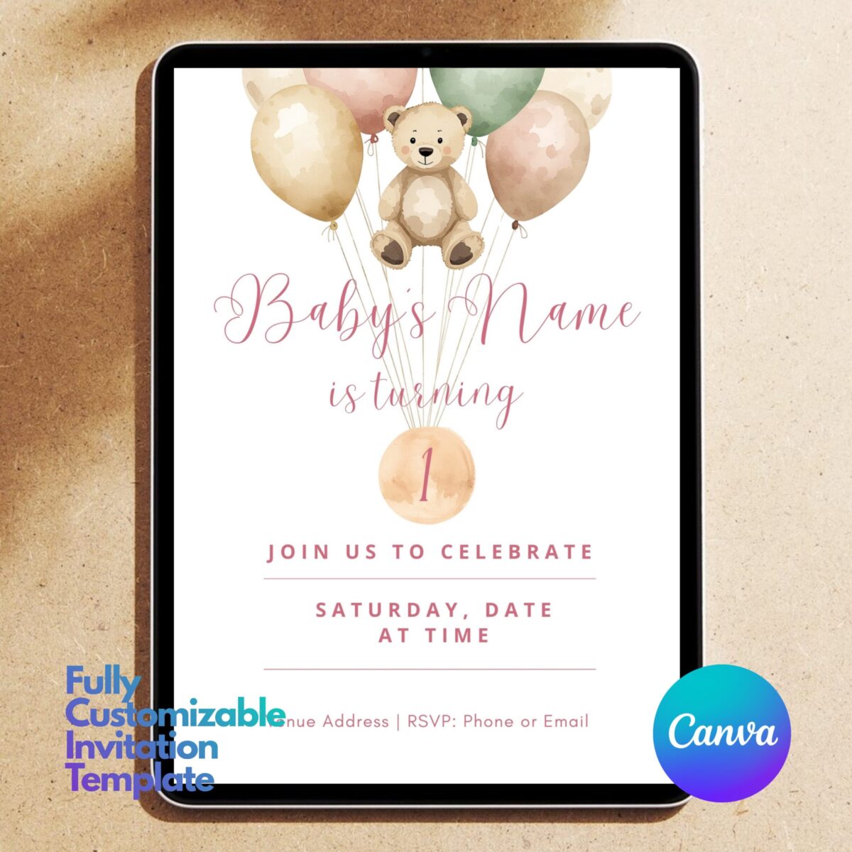 Editable First Birthday Girl Invitation Template | Teddy Bear Balloons Invite | Pink Boho 1st Birthday Canva Template | Printable Baby Girl Party Invite | 1BINVITE-005