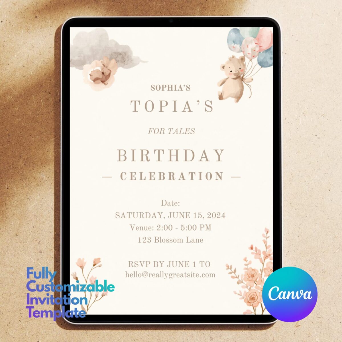 Editable First Birthday Girl Invitation Template | Teddy Bear Floral Balloons Invite | Boho Baby Girl 1st Birthday Canva Template | Printable Birthday Invite | 1BINVITE-006