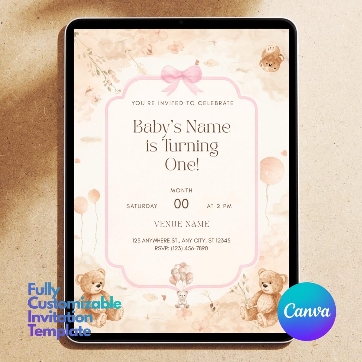 Editable First Birthday Girl Invitation Template | Teddy Bear Pink Bow Birthday Invite | Canva Template | 1BINVITE-007