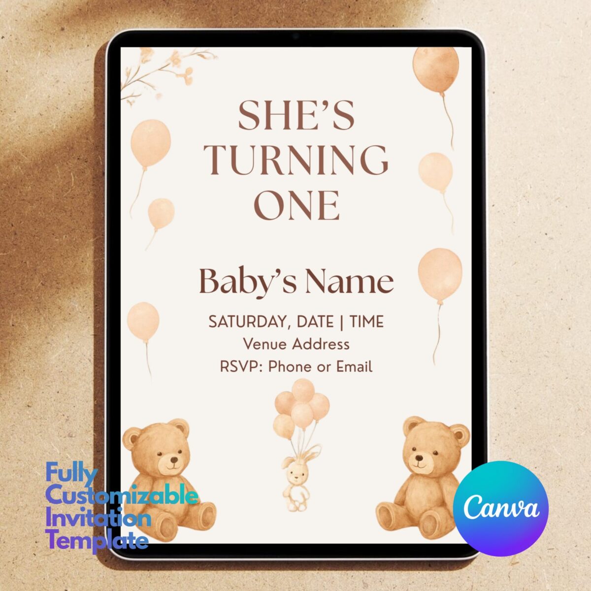 Editable First Birthday Girl Invitation Template | Teddy Bear Birthday Invite Canva Template | Neutral Beige Balloon Party Invitation | 1BINVITE-008
