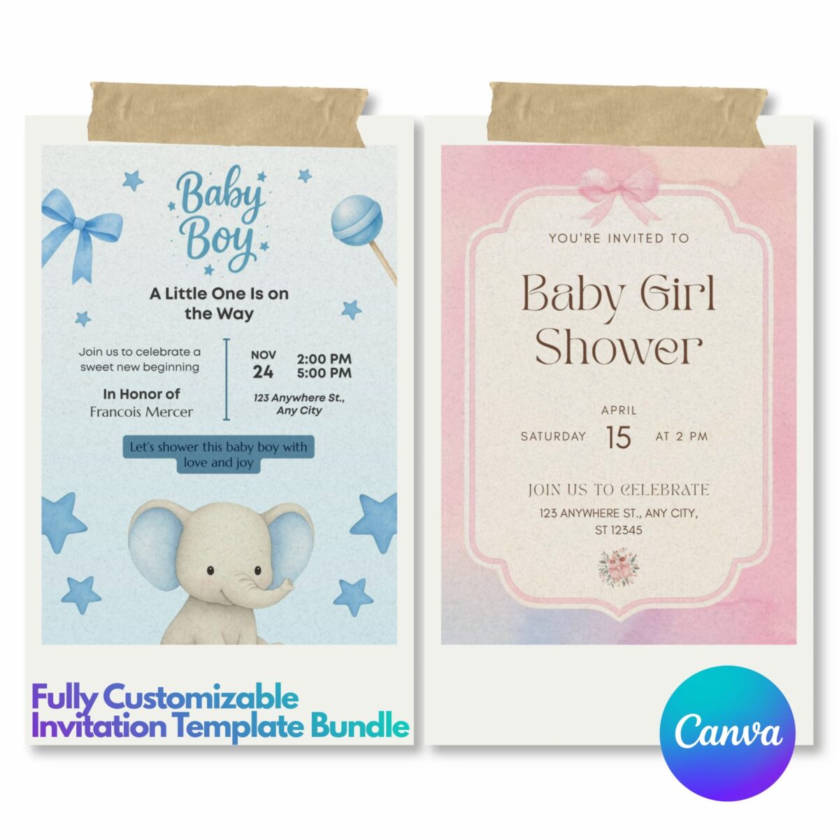 Editable Baby Shower Invitation Bundle Set of 2 (Girl & Boy) Canva Template | Pink & Blue Baby Shower Invite | Instant Download | BDLINVITE-001