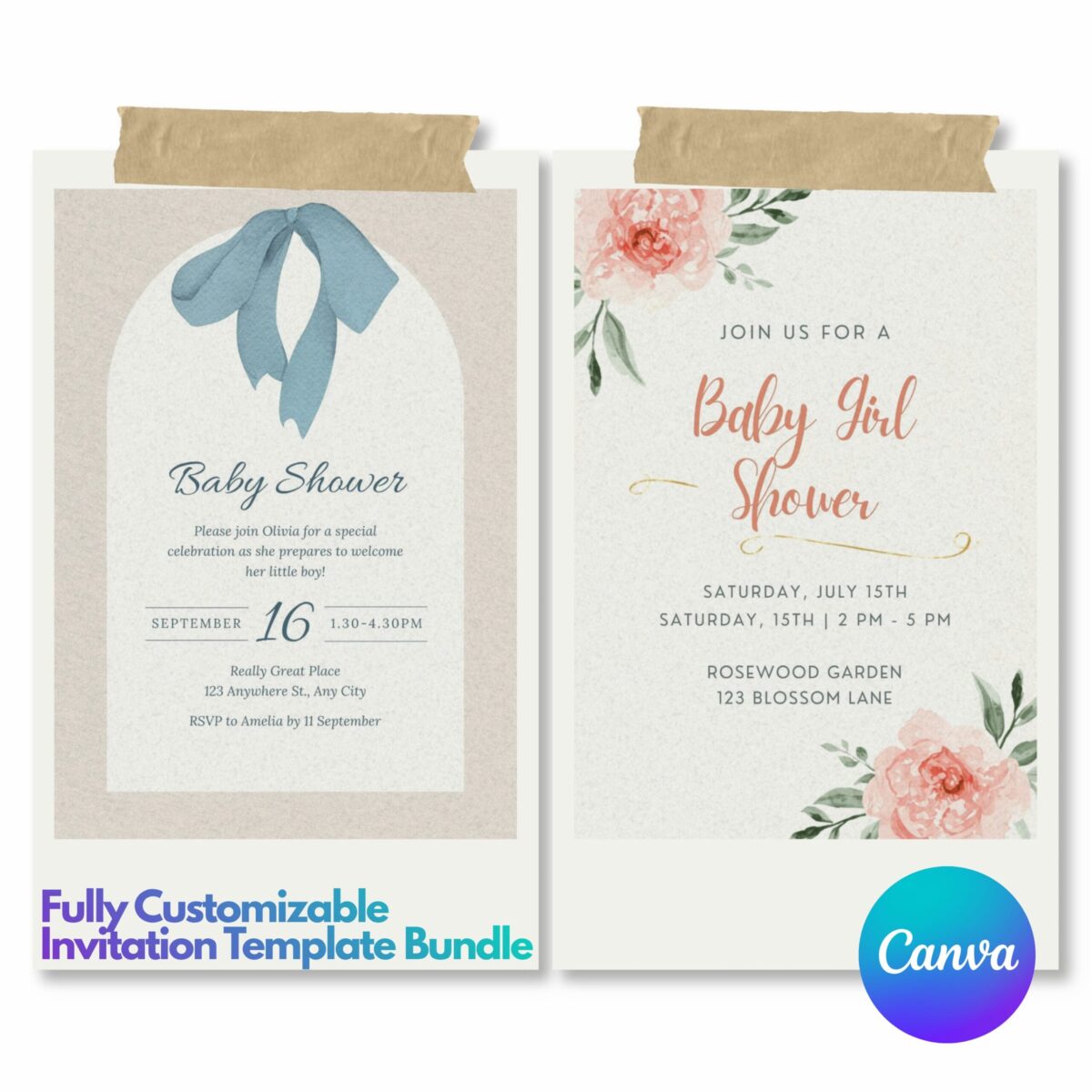 Editable Baby Shower Invitation Bundle Set of 2 Canva Templates | Baby Boy & Girl Invite | Neutral Blue Bow & Floral Design | BDLINVITE-002