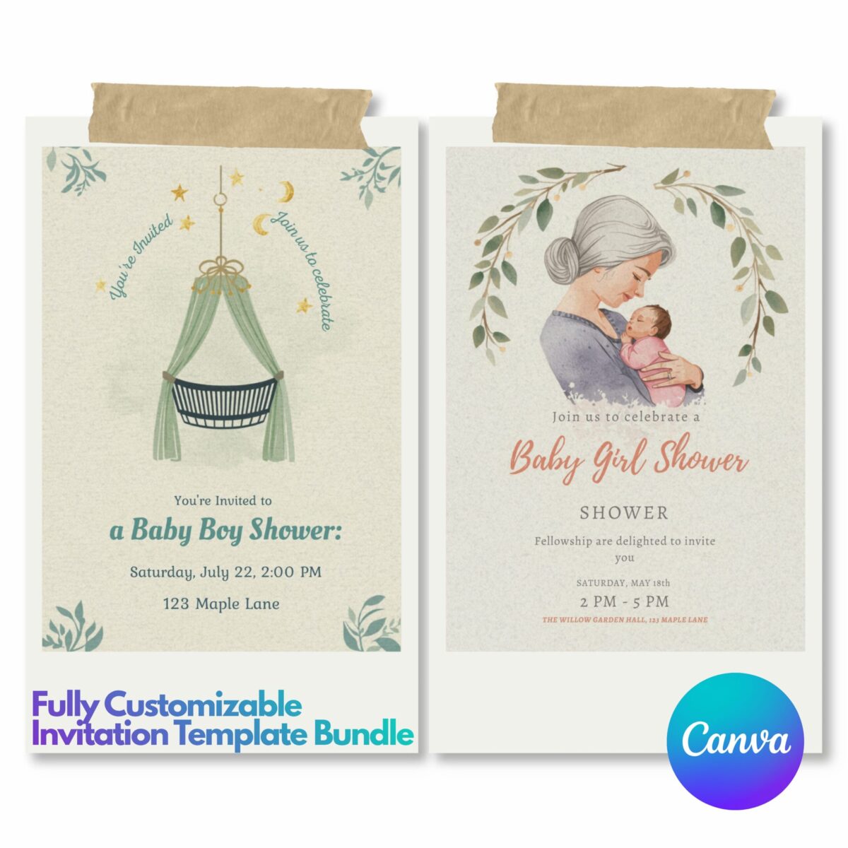 Editable Baby Shower Invitation Bundle Template Set of 2 for Boy & Girl | Neutral Boho Canva Invite | Printable Baby Shower Invitations | BDLINVITE-003