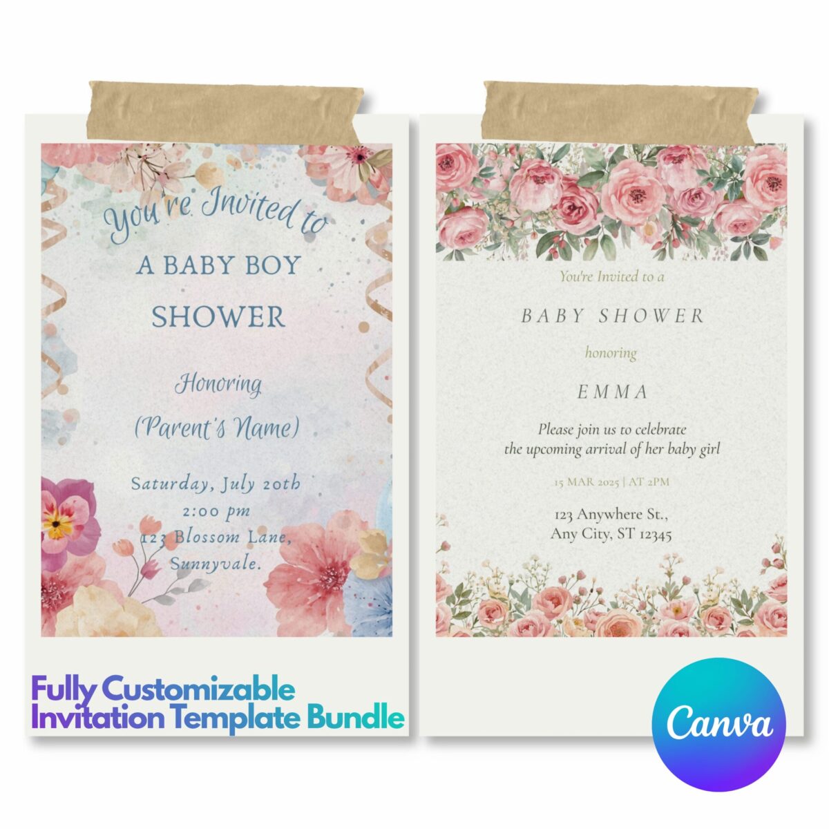 Editable Floral Baby Shower Invitation Bundle Set of 2 for Boy & Girl | Watercolor Canva Baby Shower Templates | Printable Invite | BDLINVITE-004
