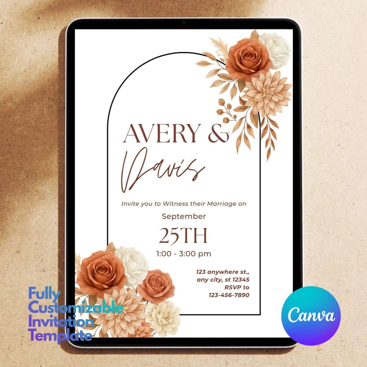 Editable Wedding Invitation Template | Terracotta Floral Wedding Invite | Boho Arch Canva Template | Modern Rustic Wedding Invitation | WEDINVITE-001