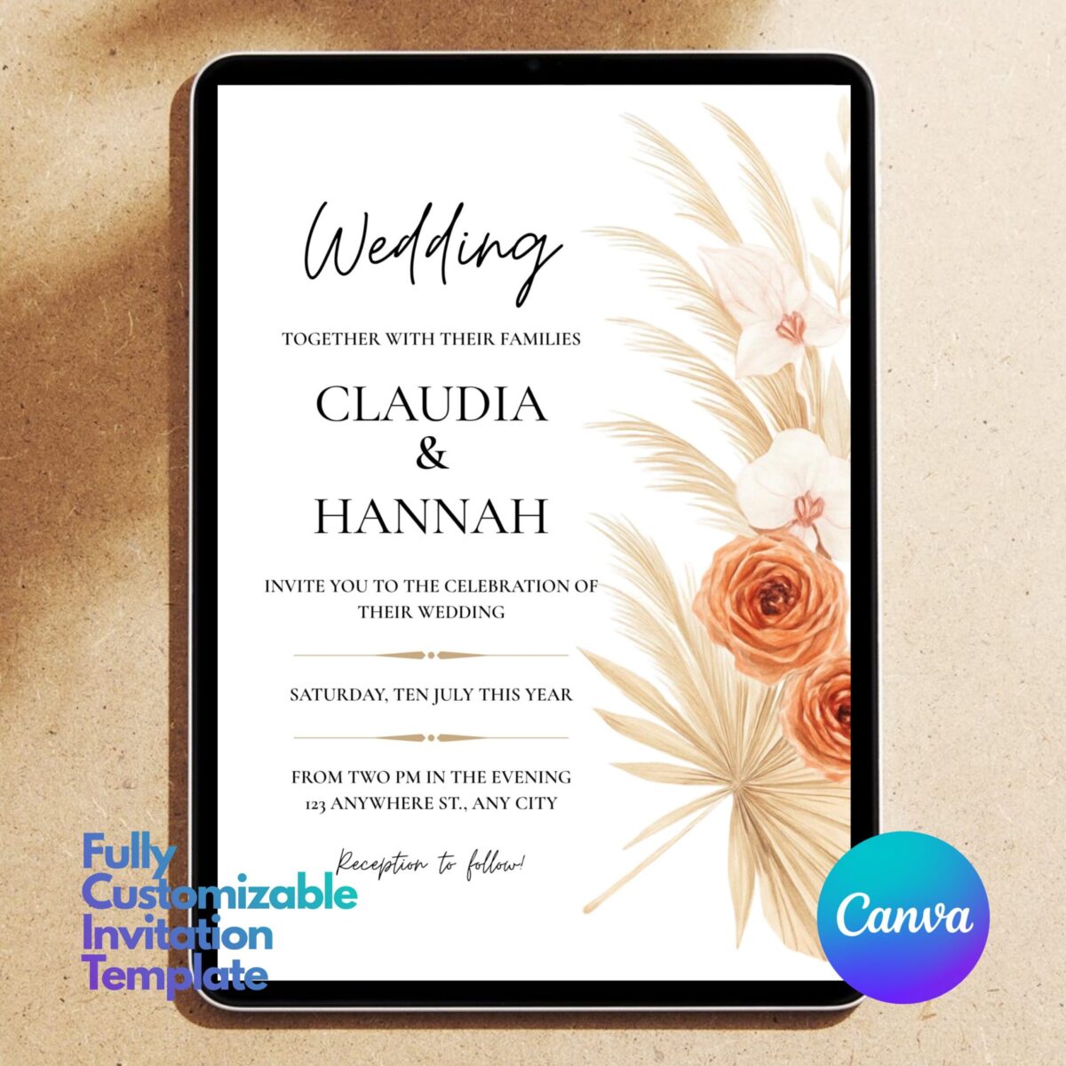 Editable Wedding Invitation Template | Terracotta Boho Floral Wedding Invite | Minimalist Elegant Canva Template | Modern Neutral Wedding Invitation | WEDINVITE-002