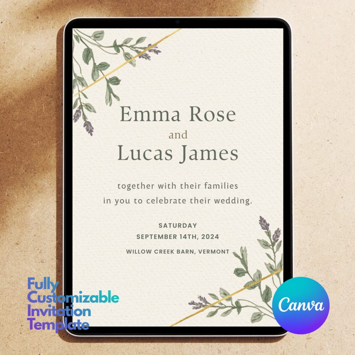 Editable Wedding Invitation Template | Minimalist Floral Wedding Invite Canva Template | Printable Rustic Wedding Invitation | WEDINVITE-003