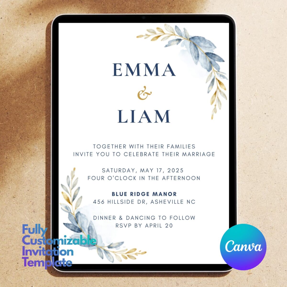 Editable Blue Floral Wedding Invitation Template | Elegant Canva Wedding Invite | Printable Minimalist Botanical Wedding Invitation | WEDINVITE-004