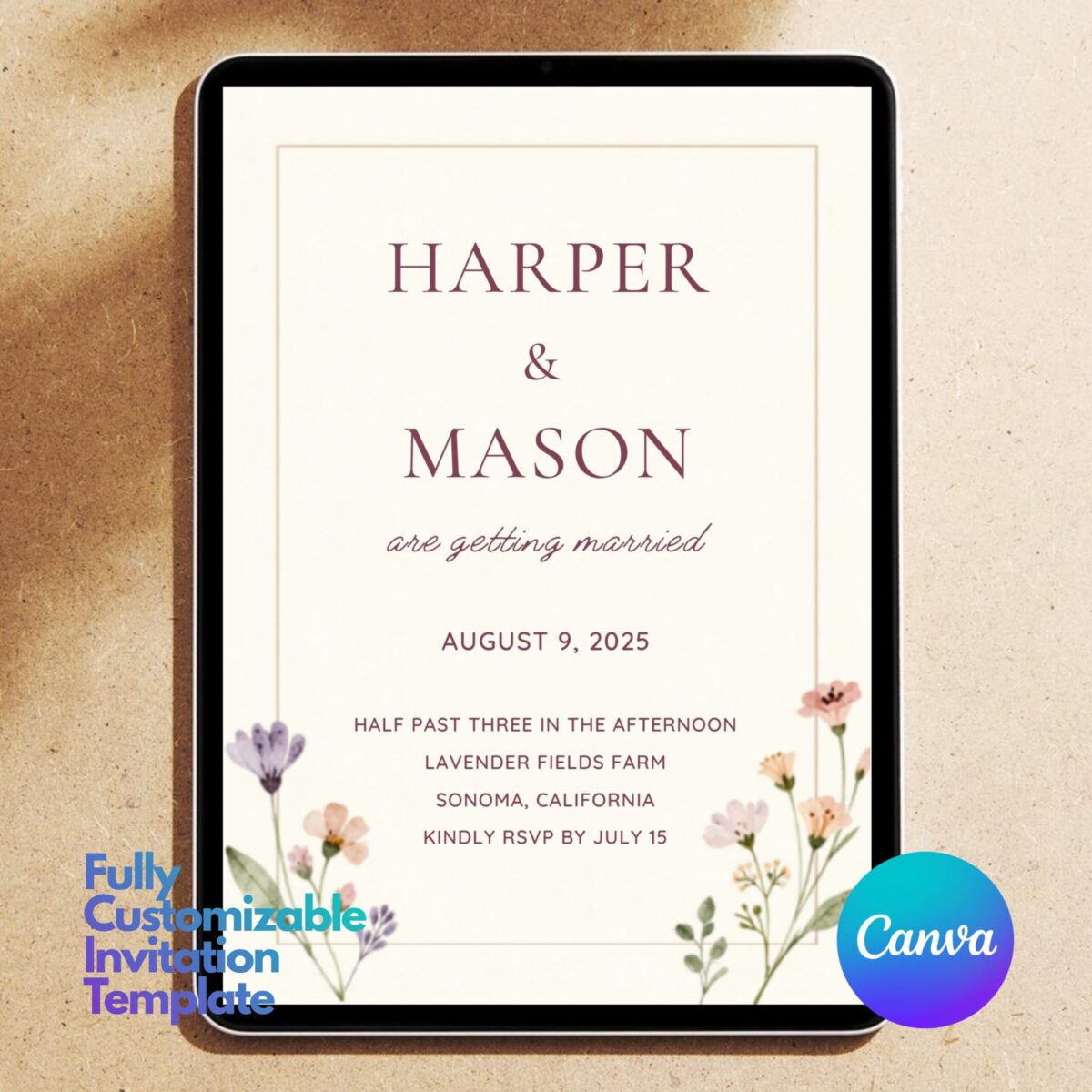 Elegant Minimalist Floral Wedding Invitation Template | Editable Canva Invite | Dusty Rose Script Wedding Invite | WEDINVITE-005