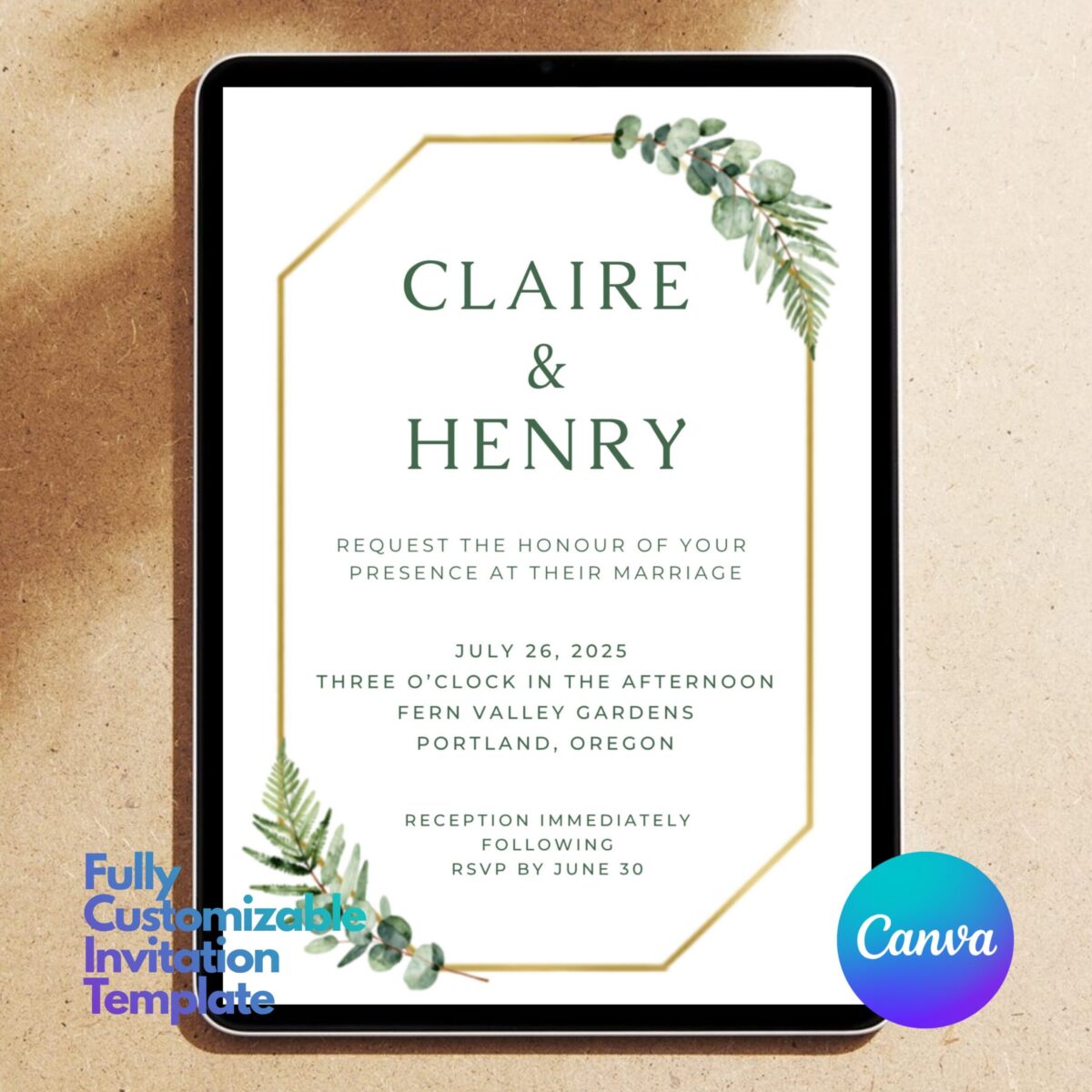 Greenery Wedding Invitation Template | Editable Canva Invite | Elegant Botanical Wedding Invite with Gold Frame | WEDINVITE-006