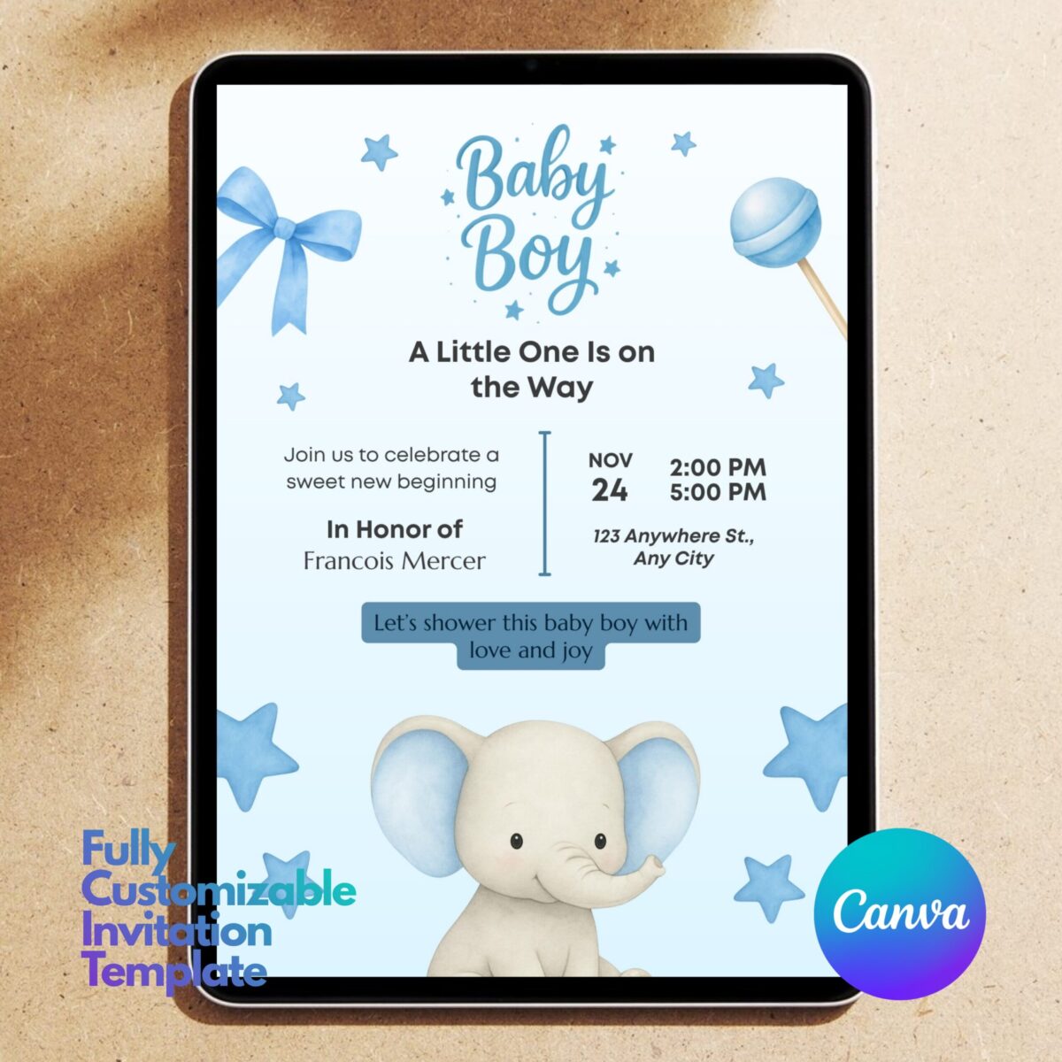 Editable Baby Shower Invitation Boy Canva Template | Blue Elephant Baby Shower Invite Printable | Instant Download | BSINVITE-002