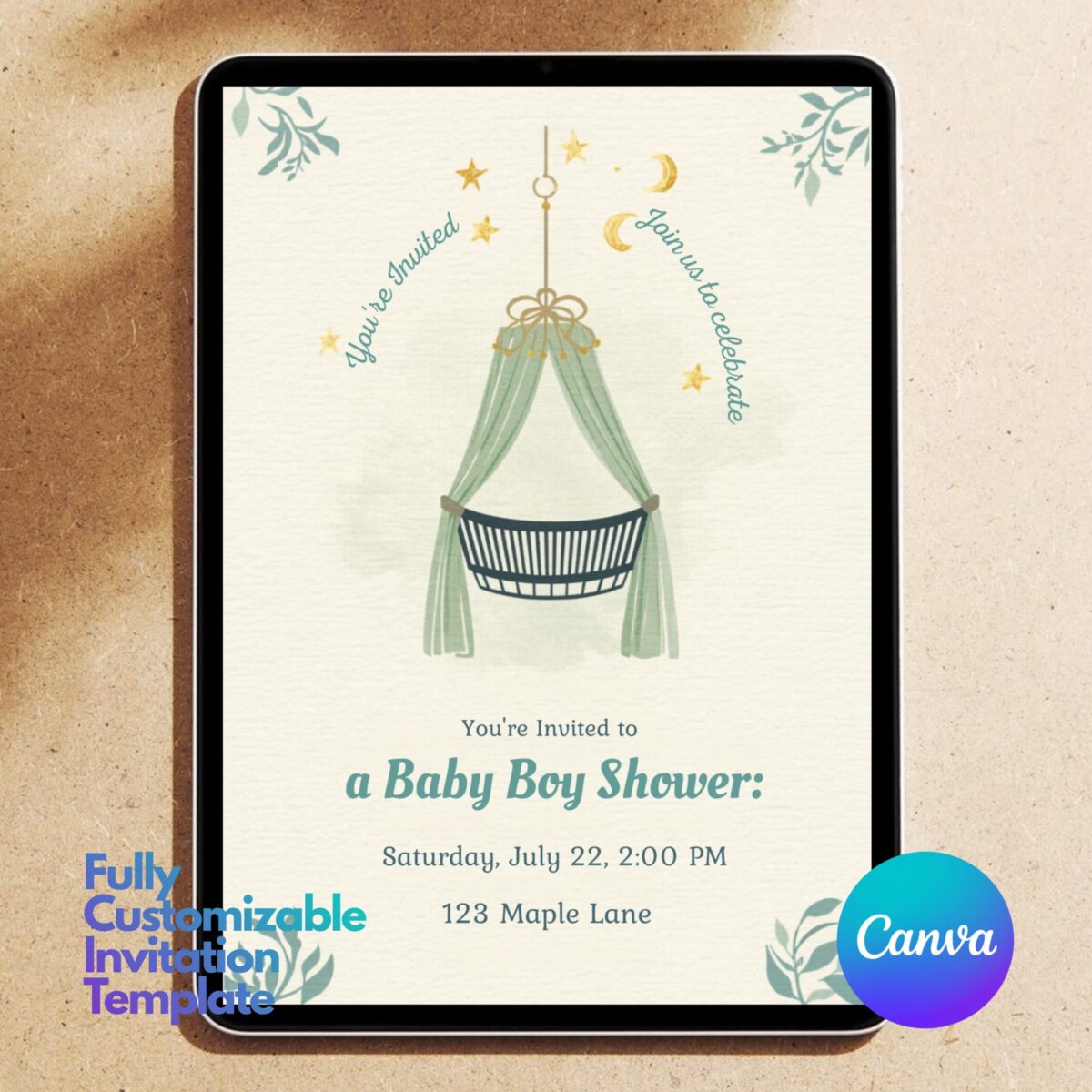 Editable Baby Boy Shower Invitation Canva Template | Neutral Green Baby Shower Invite Printable | Crib Moon Stars Theme | BSINVITE-003