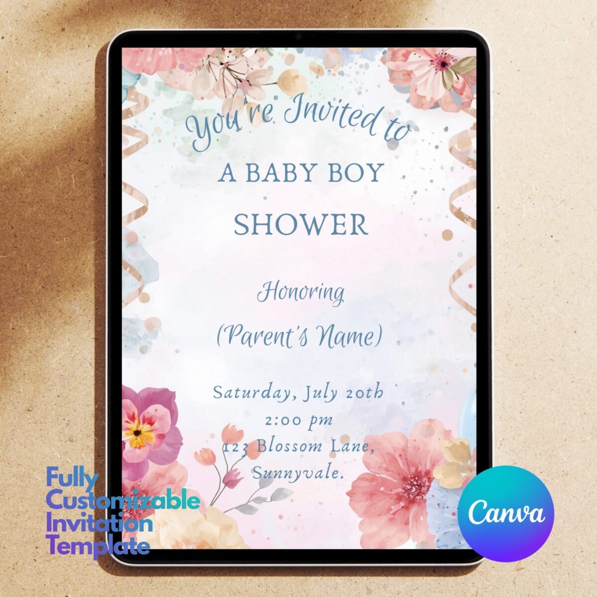 Editable Baby Boy Shower Invitation Canva Template | Floral Baby Shower Invite Printable | Watercolor Flowers Baby Invite | BSINVITE-004