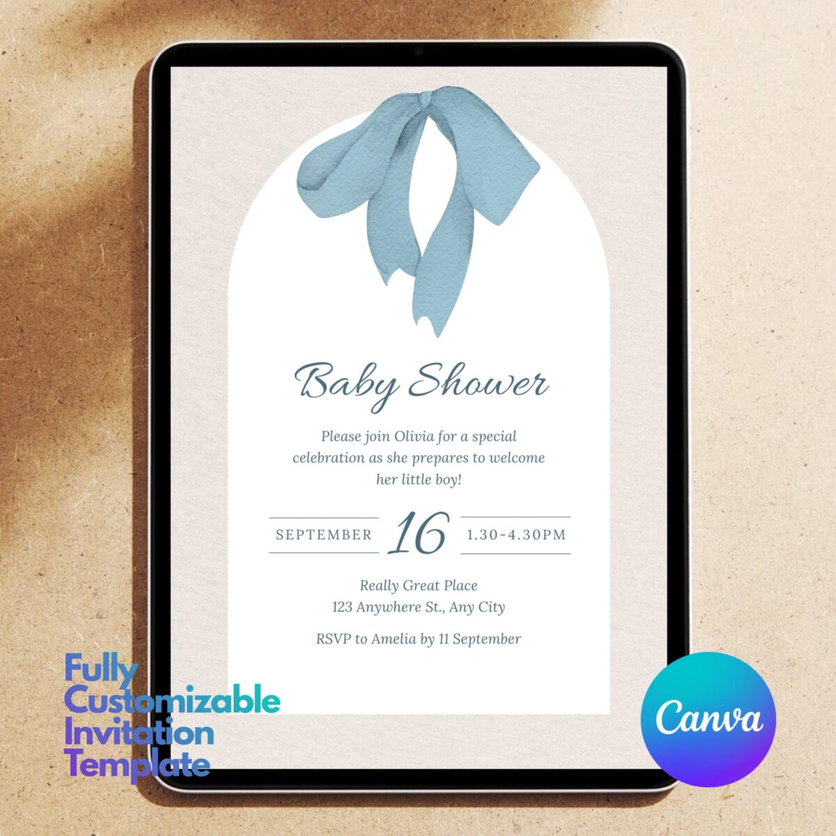 Editable Baby Shower Invitation Canva Template for Boy | Blue Baby Shower Invite Printable | Instant Download | BSINVITE-001
