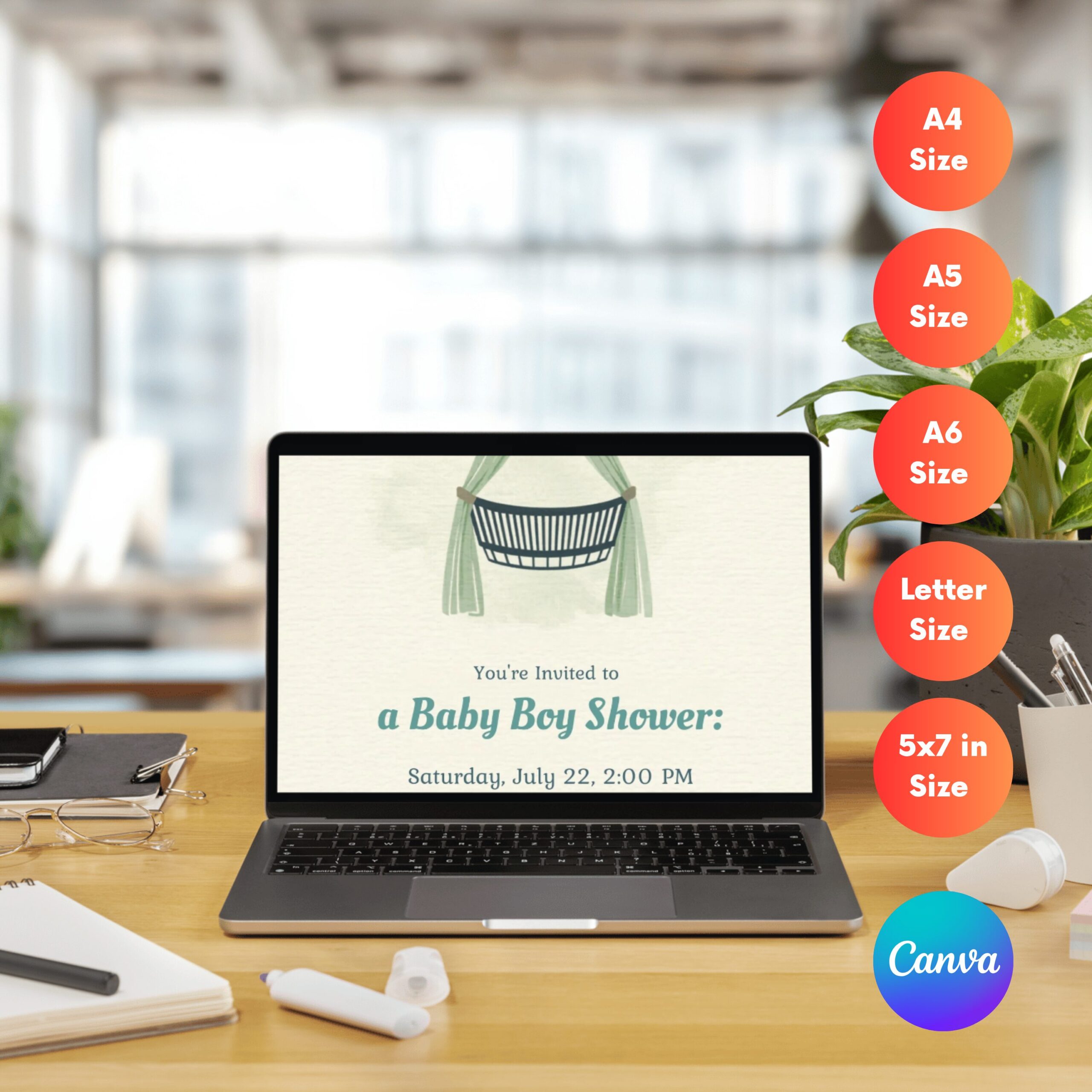 Editable Baby Boy Shower Invitation Canva Template | Neutral Green Baby Shower Invite Printable | Crib Moon Stars Theme | BSINVITE-003 - Image 2