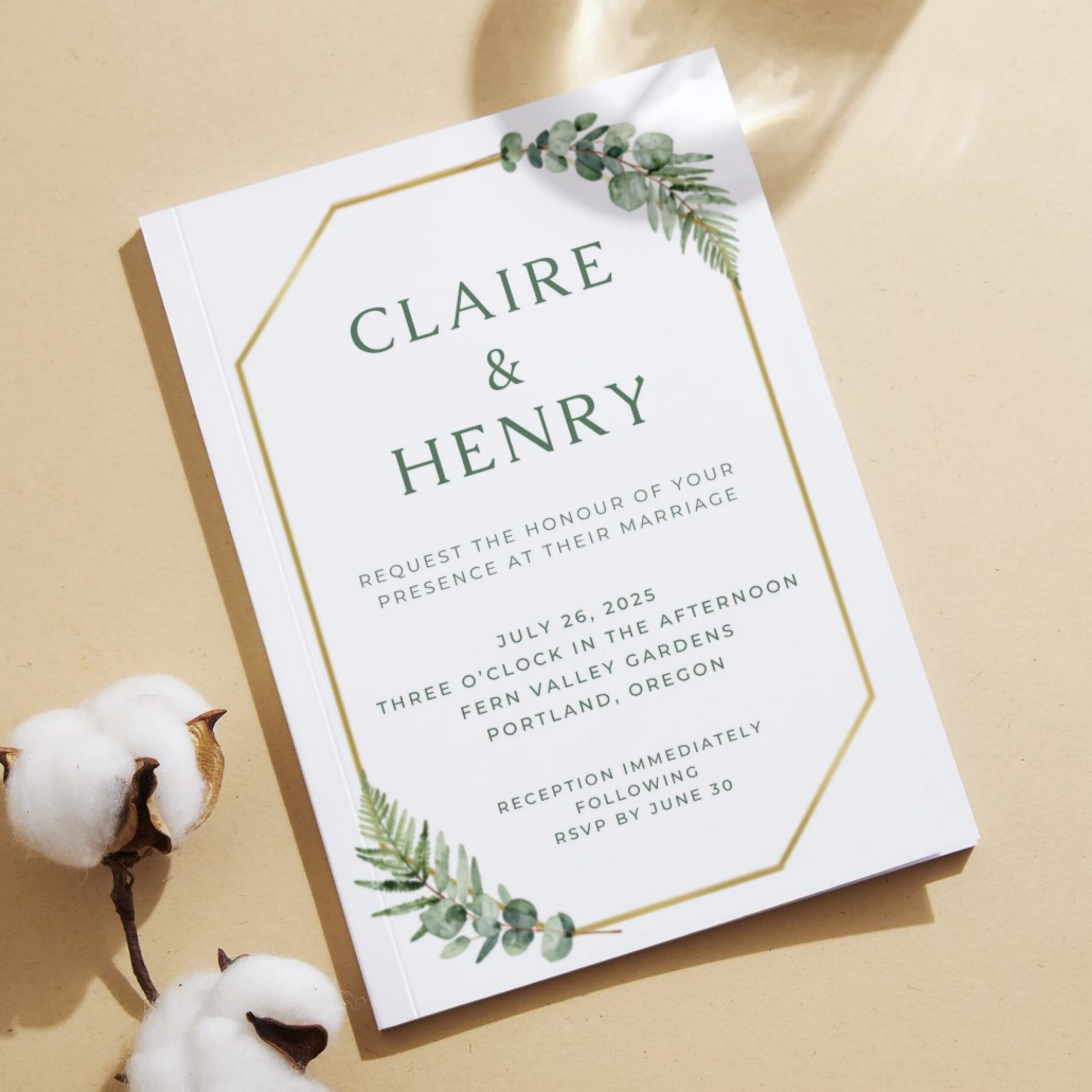 Greenery Wedding Invitation Template | Editable Canva Invite | Elegant Botanical Wedding Invite with Gold Frame | WEDINVITE-006 - Image 3