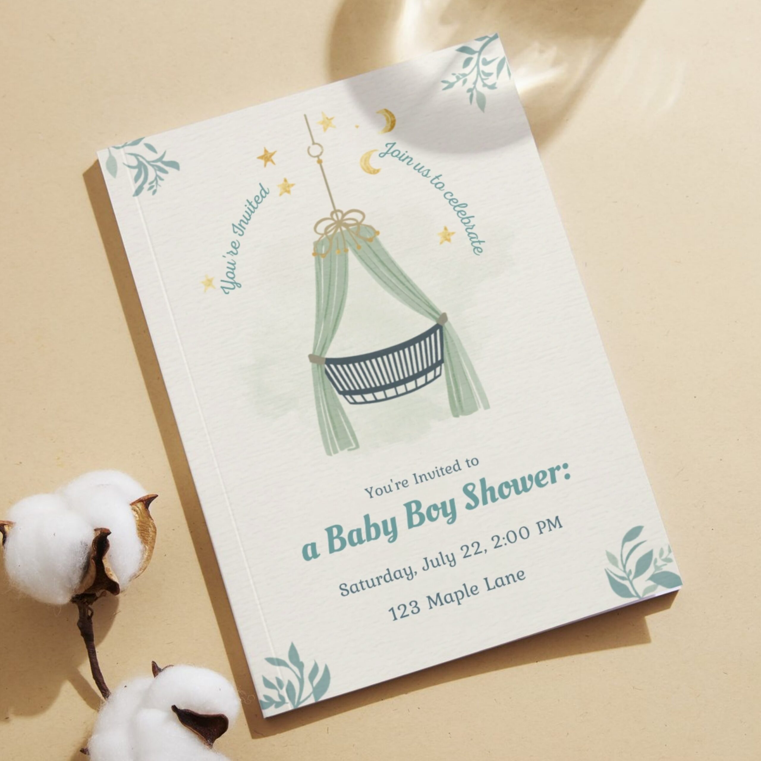 Editable Baby Boy Shower Invitation Canva Template | Neutral Green Baby Shower Invite Printable | Crib Moon Stars Theme | BSINVITE-003 - Image 3
