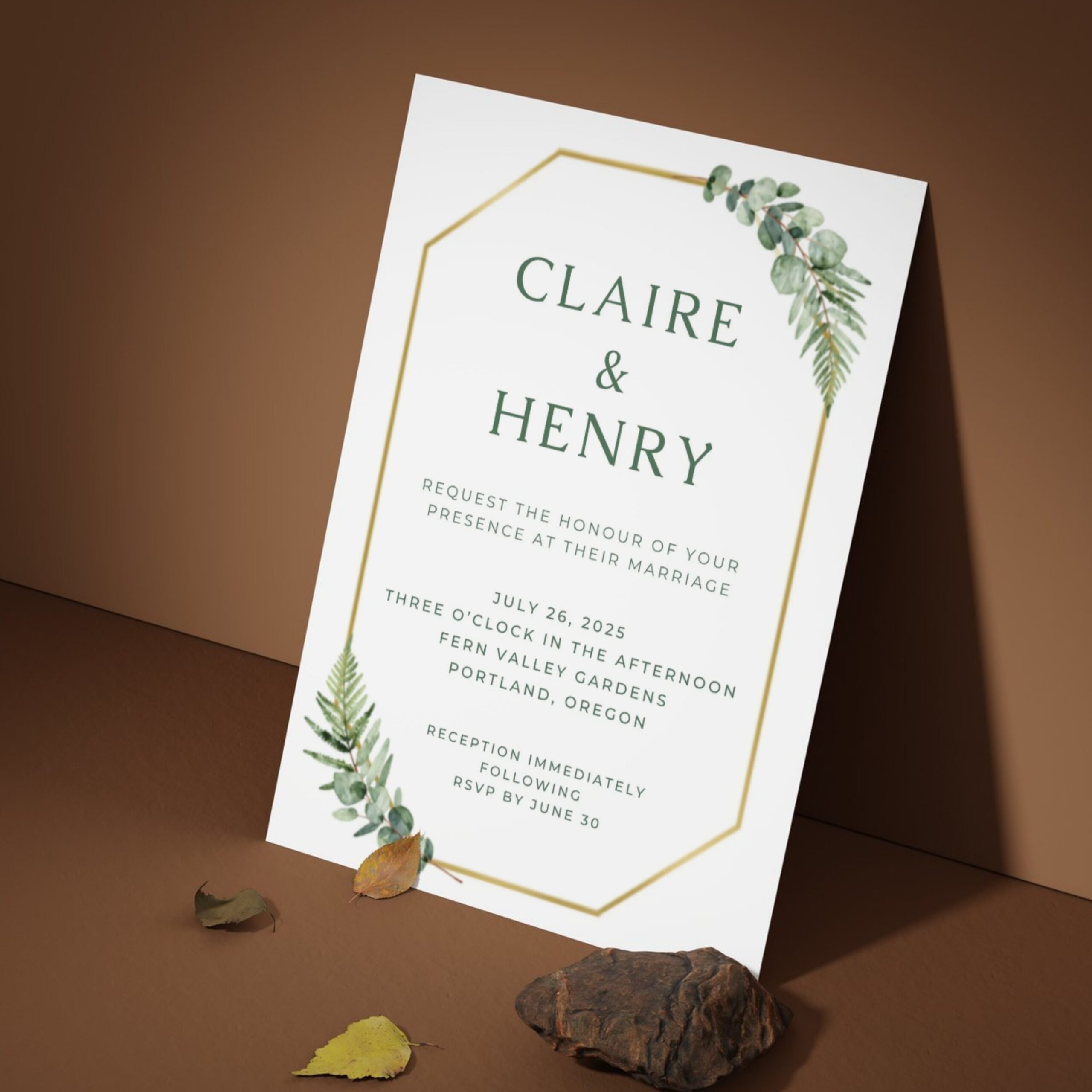 Greenery Wedding Invitation Template | Editable Canva Invite | Elegant Botanical Wedding Invite with Gold Frame | WEDINVITE-006 - Image 4
