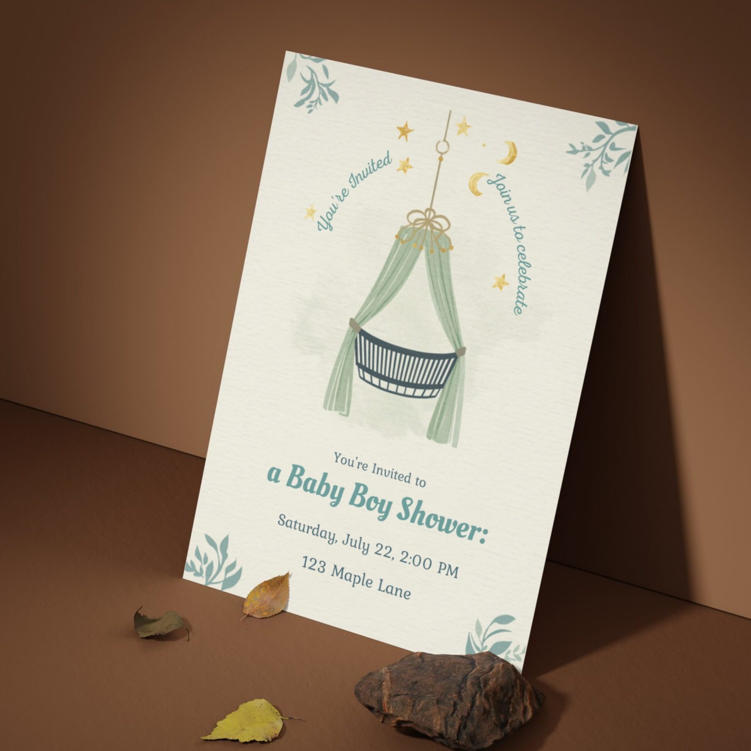 Editable Baby Boy Shower Invitation Canva Template | Neutral Green Baby Shower Invite Printable | Crib Moon Stars Theme | BSINVITE-003 - Image 4