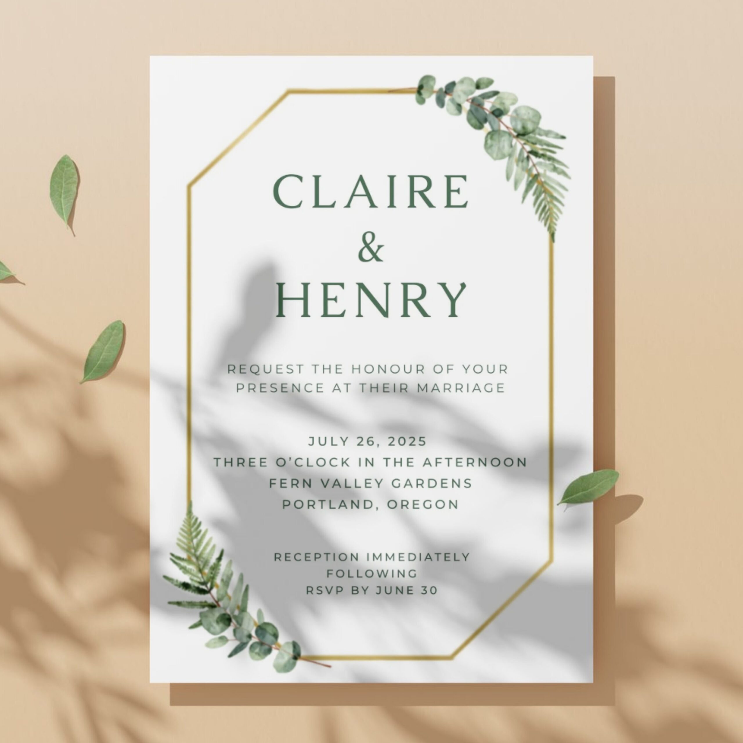 Greenery Wedding Invitation Template | Editable Canva Invite | Elegant Botanical Wedding Invite with Gold Frame | WEDINVITE-006 - Image 5