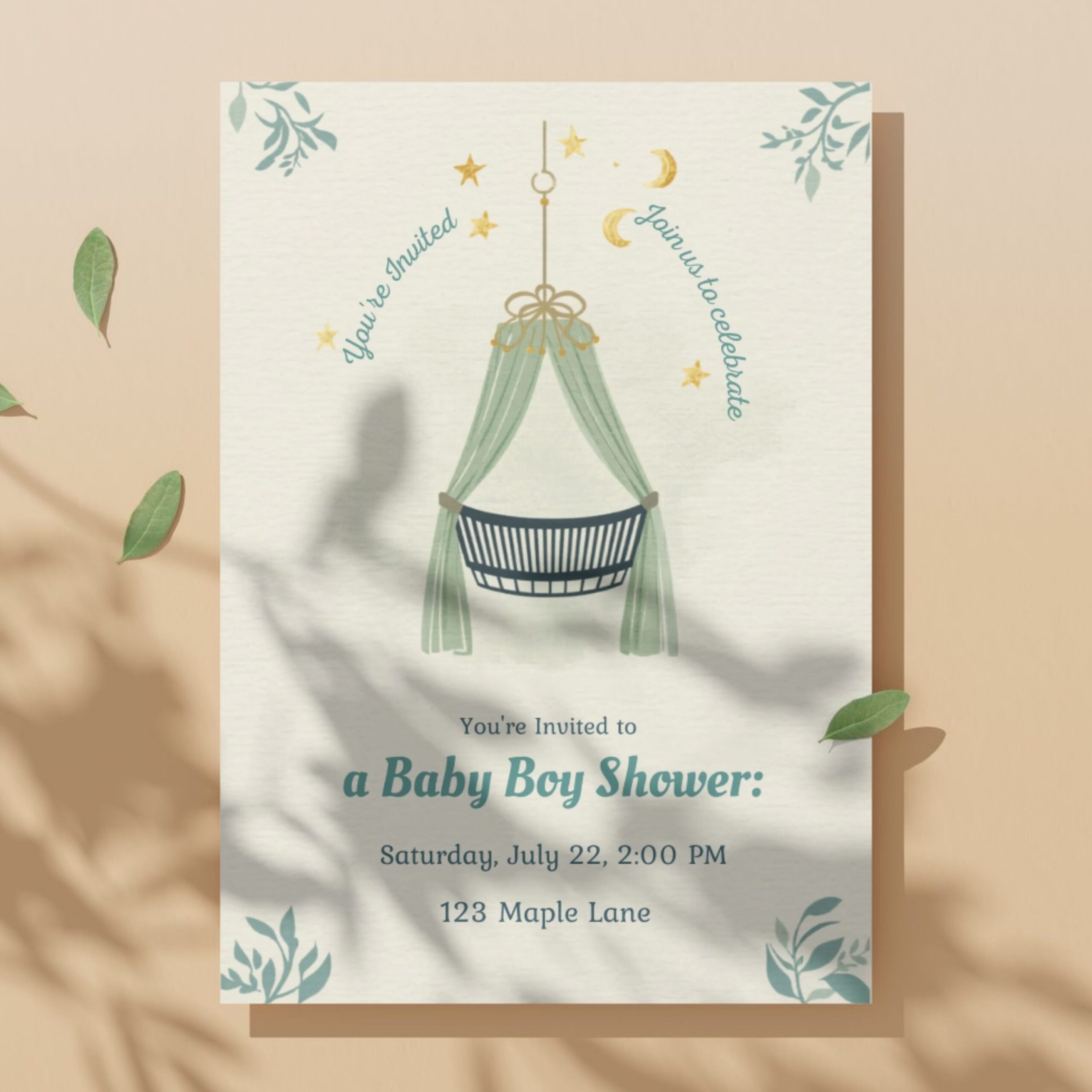 Editable Baby Boy Shower Invitation Canva Template | Neutral Green Baby Shower Invite Printable | Crib Moon Stars Theme | BSINVITE-003 - Image 5