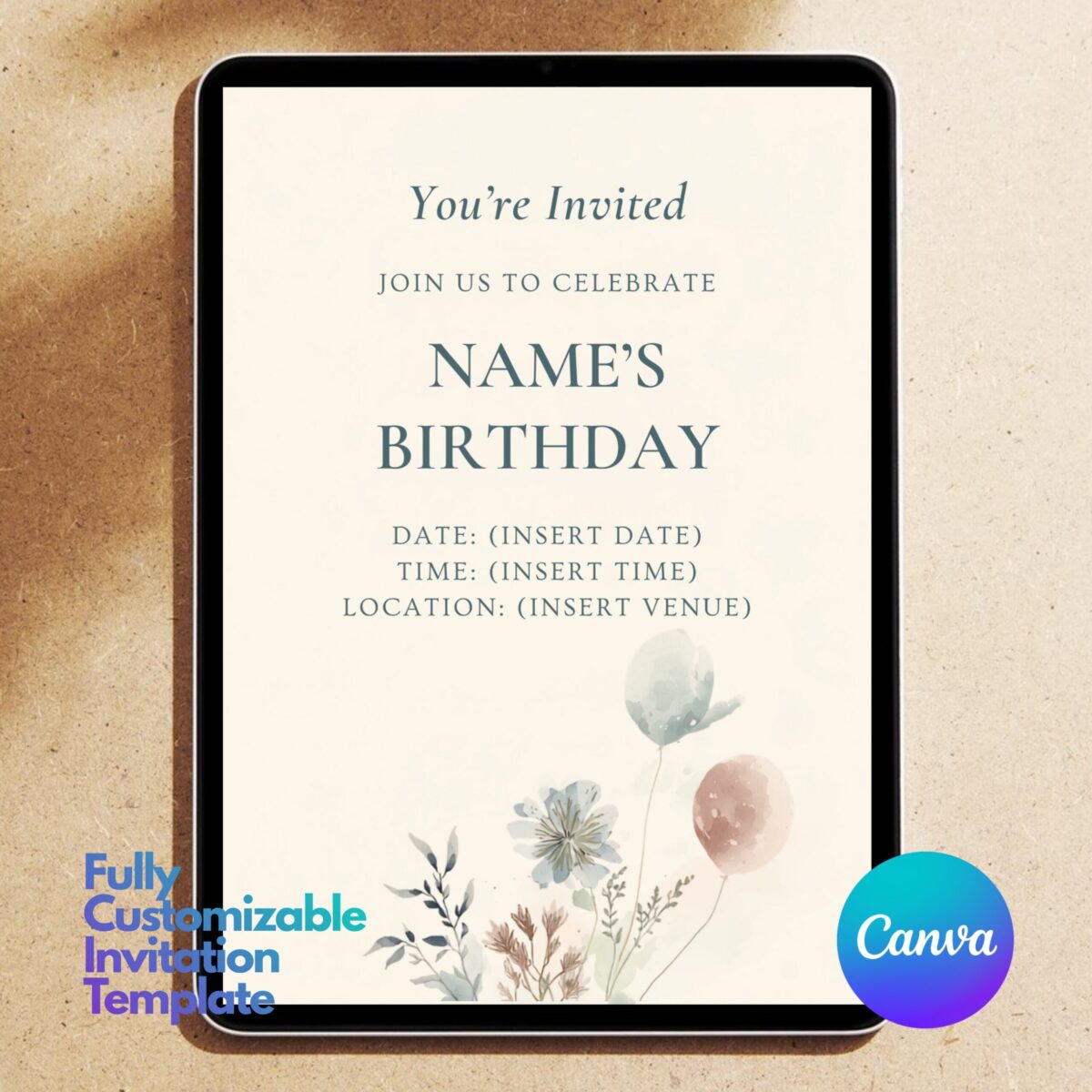 Editable Minimalist Birthday Invitation Template | Watercolor Floral Birthday Party Invite | Printable Canva Template | BDINVITE-002