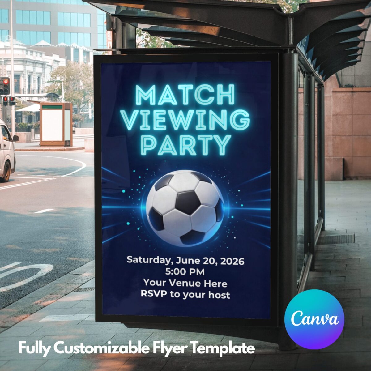 Editable Soccer Match Viewing Party Flyer Canva Template | Football Game Night Invitation | Blue Cyan Sports Event Poster | MVPFLYER-005