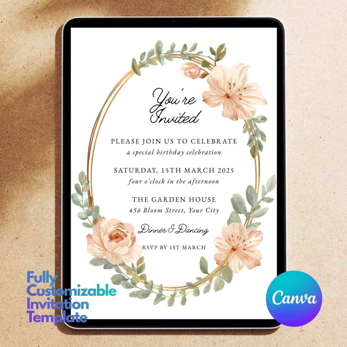 Editable Floral Birthday Invitation Template | Elegant Watercolor Birthday Party Invite | Printable Canva Template | BDINVITE-001