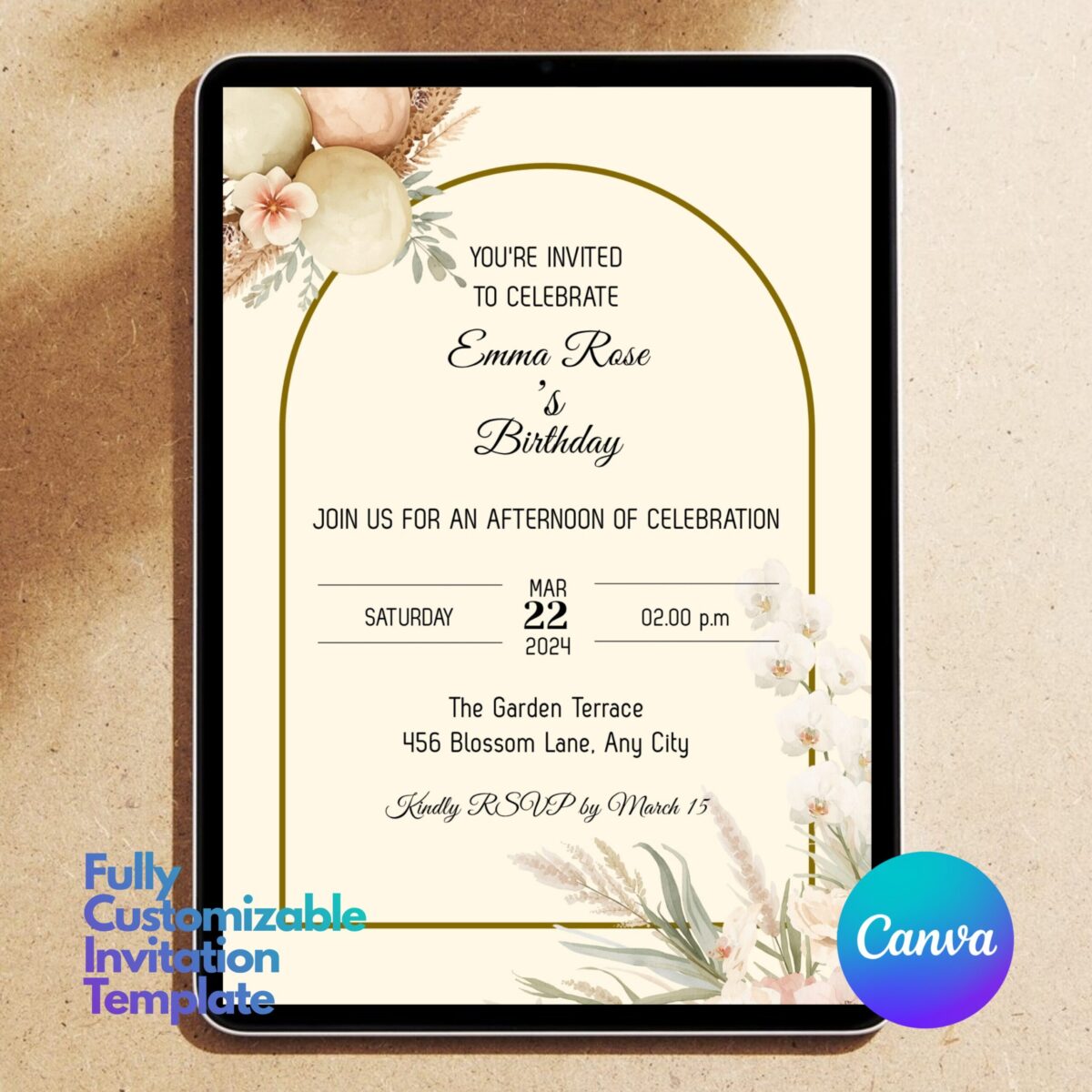 Editable Birthday Invitation Template Canva | Neutral Floral Birthday Invite | Boho Birthday Party Invitation | Printable Birthday | BDINVITE-003