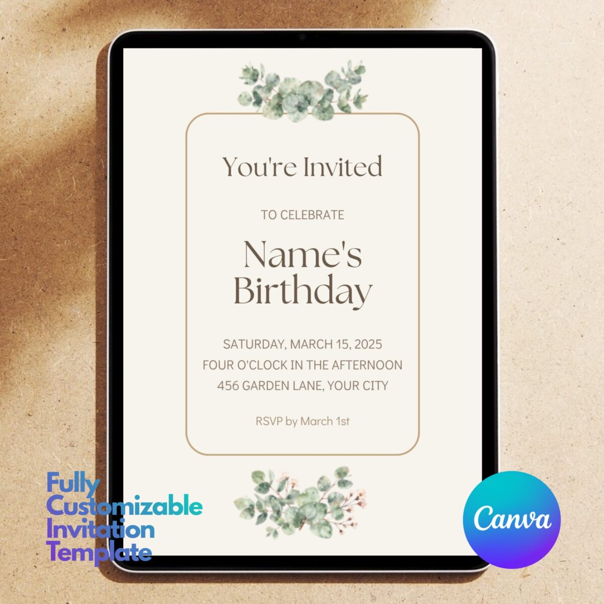 Editable Minimalist Birthday Invitation Template | Neutral Greenery Birthday Invite | Canva Editable | BDINVITE-004