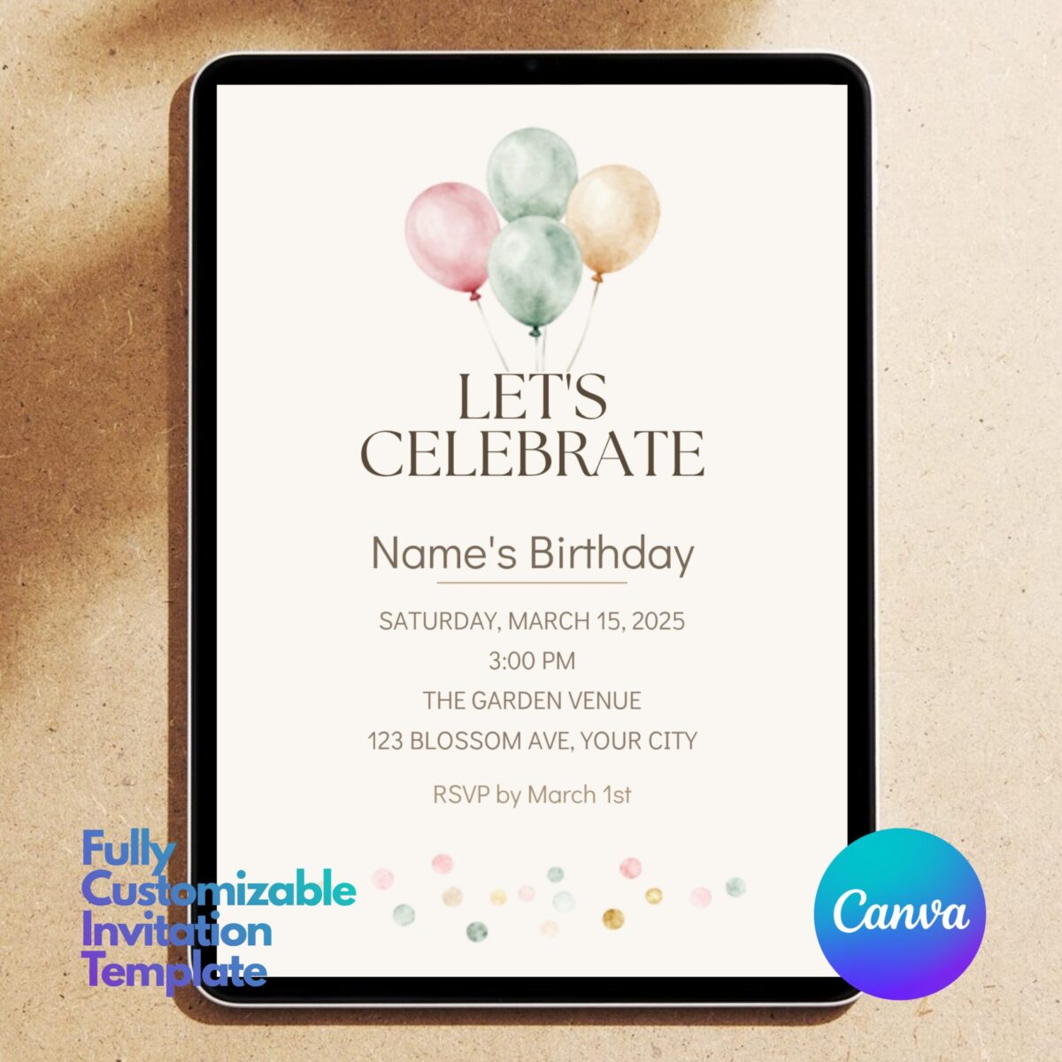Editable Birthday Invitation Template Canva | Pastel Balloon Birthday Invite | Minimalist Watercolor Birthday Party Invitation | BDINVITE-005