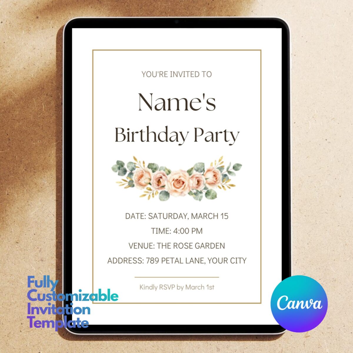 Editable Floral Birthday Invitation Template Canva | Elegant Rose Birthday Party Invite | Watercolor Flower Birthday Invitation | BDINVITE-006