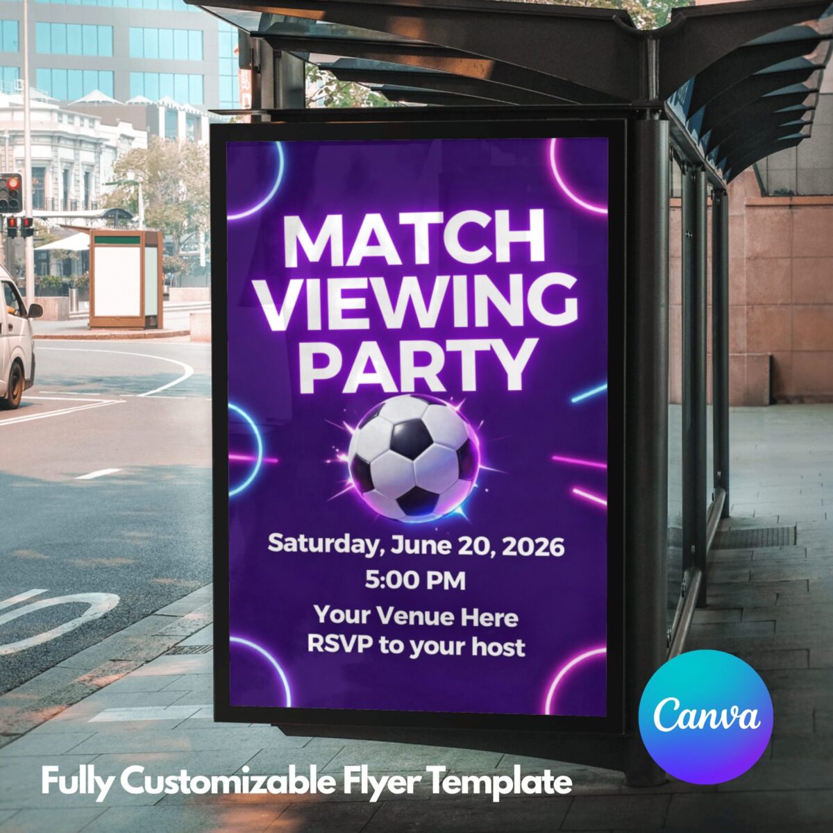 Editable Soccer Match Viewing Party Flyer Canva Template | Purple Electric Football Watch Party Invitation | Soccer Match Night Event Flyer | MVPFLYER-002
