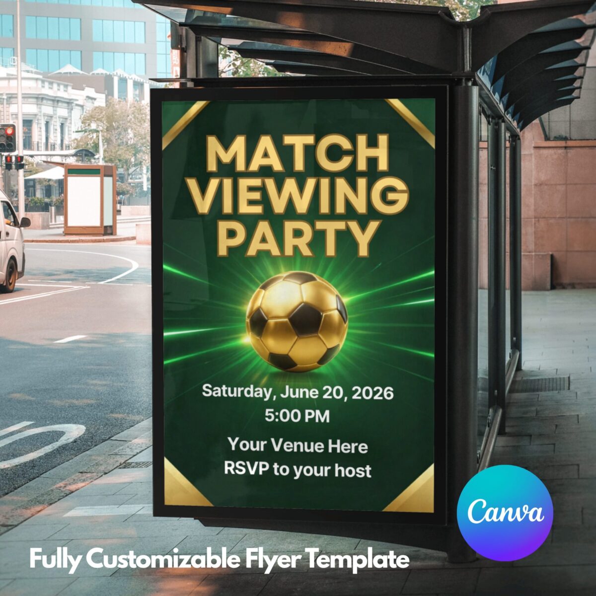 Editable Soccer Match Viewing Party Flyer Template | Green Gold Football Watch Party Invitation | Canva Sports Event Flyer | MVPFLYER-004