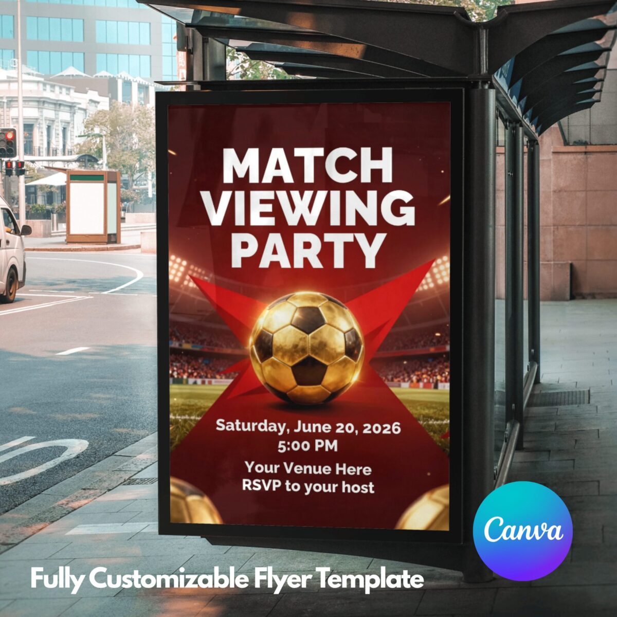 Editable Soccer Match Viewing Party Flyer Template | Red & Gold Football Watch Party Invitation | Canva Editable Sports Event Flyer | MVPFLYER-001