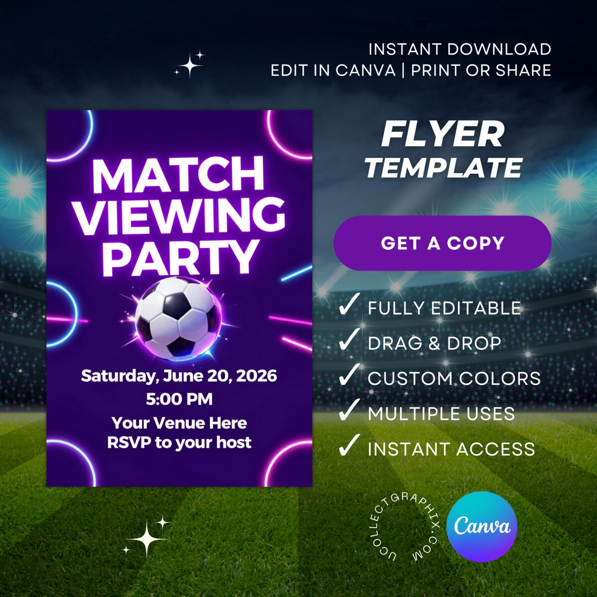 Editable Soccer Match Viewing Party Flyer Canva Template | Purple Electric Football Watch Party Invitation | Soccer Match Night Event Flyer | MVPFLYER-002