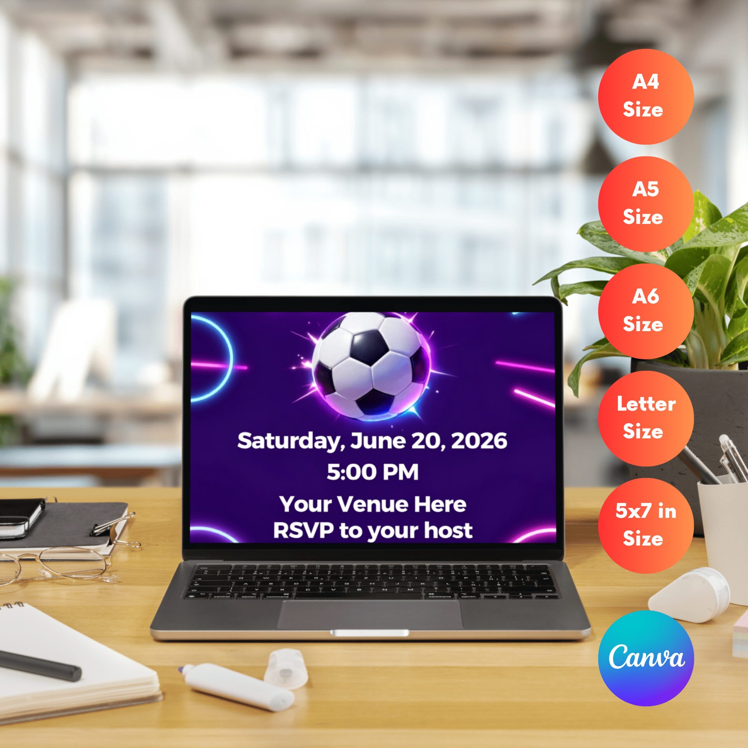 Editable Soccer Match Viewing Party Flyer Canva Template | Purple Electric Football Watch Party Invitation | Soccer Match Night Event Flyer | MVPFLYER-002 - Image 2