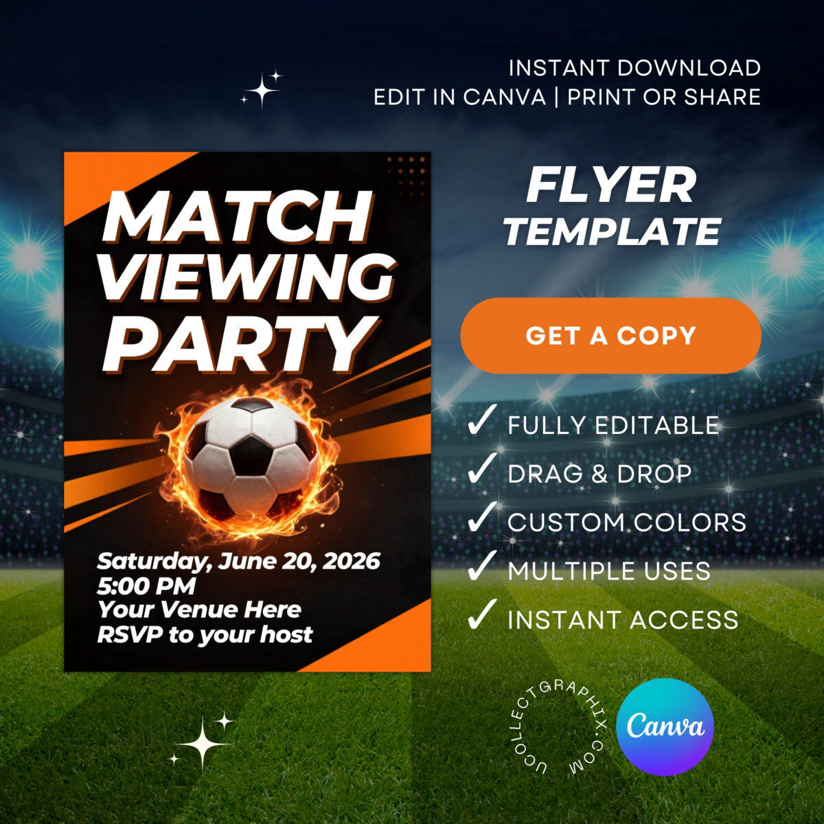 Editable Soccer Match Viewing Party Flyer Template | Orange Bold Football Watch Party Invitation | Canva Editable Sports Event Flyer | MVPFLYER-003