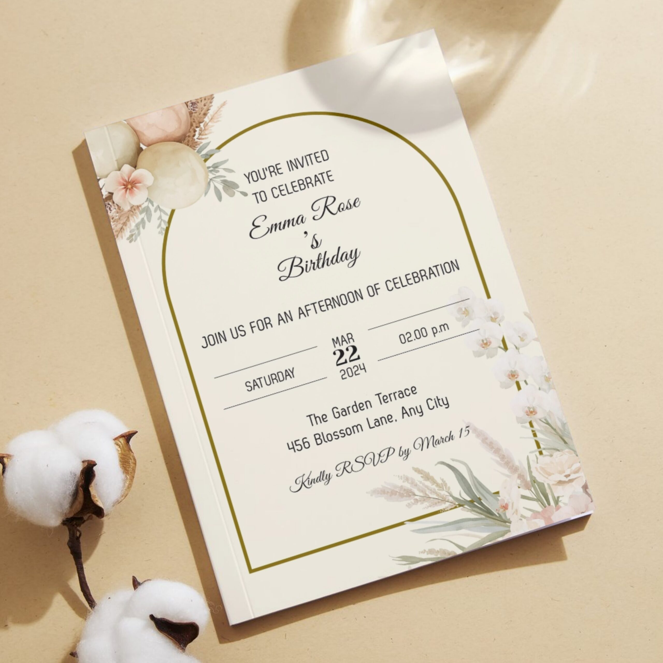 Editable Birthday Invitation Template Canva | Neutral Floral Birthday Invite | Boho Birthday Party Invitation | Printable Birthday | BDINVITE-003 - Image 3