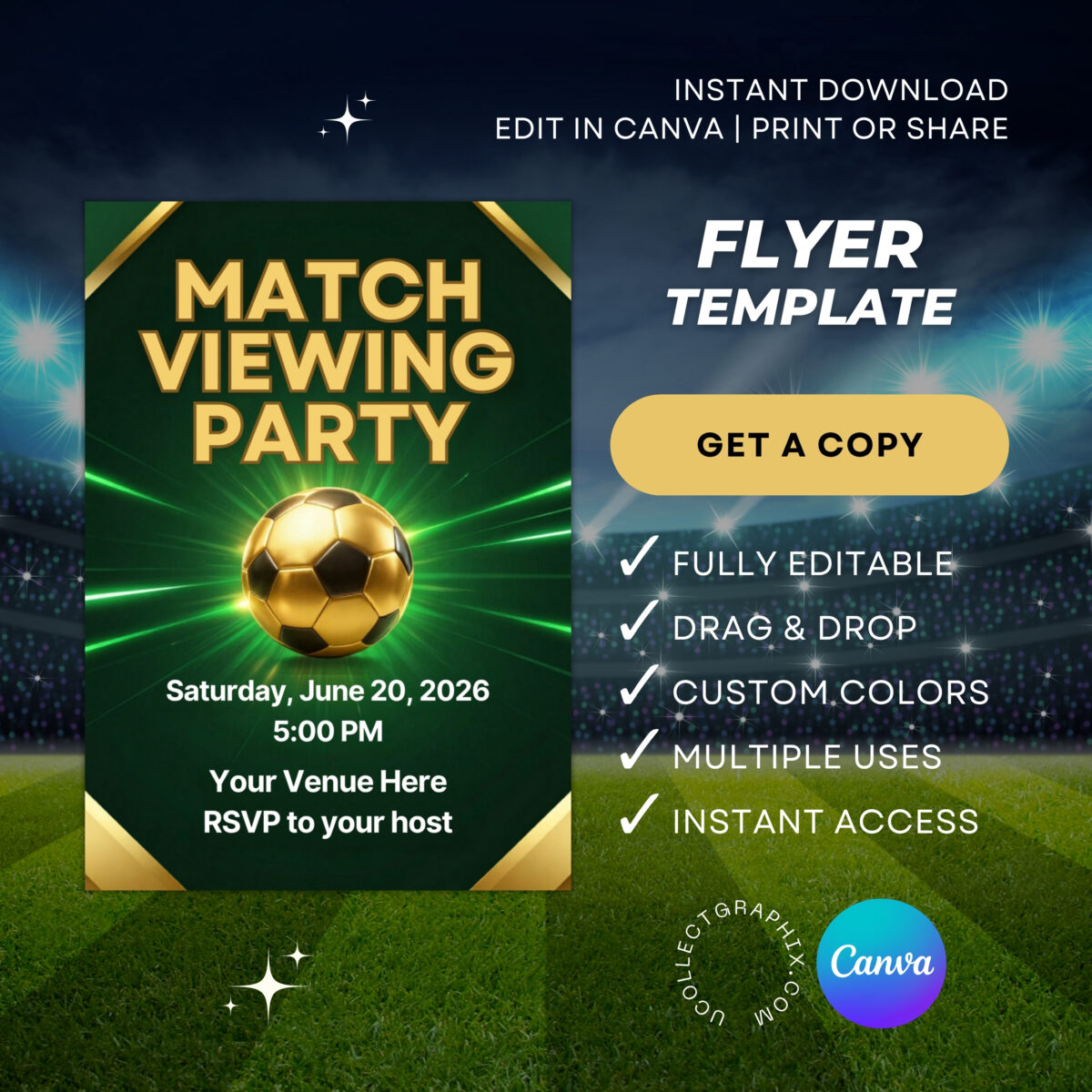 Editable Soccer Match Viewing Party Flyer Template | Green Gold Football Watch Party Invitation | Canva Sports Event Flyer | MVPFLYER-004