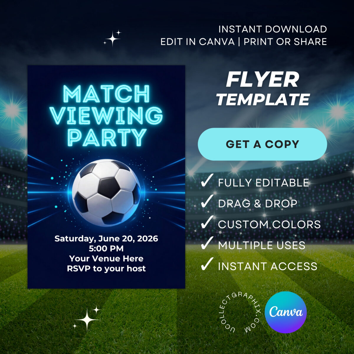 Editable Soccer Match Viewing Party Flyer Canva Template | Football Game Night Invitation | Blue Cyan Sports Event Poster | MVPFLYER-005