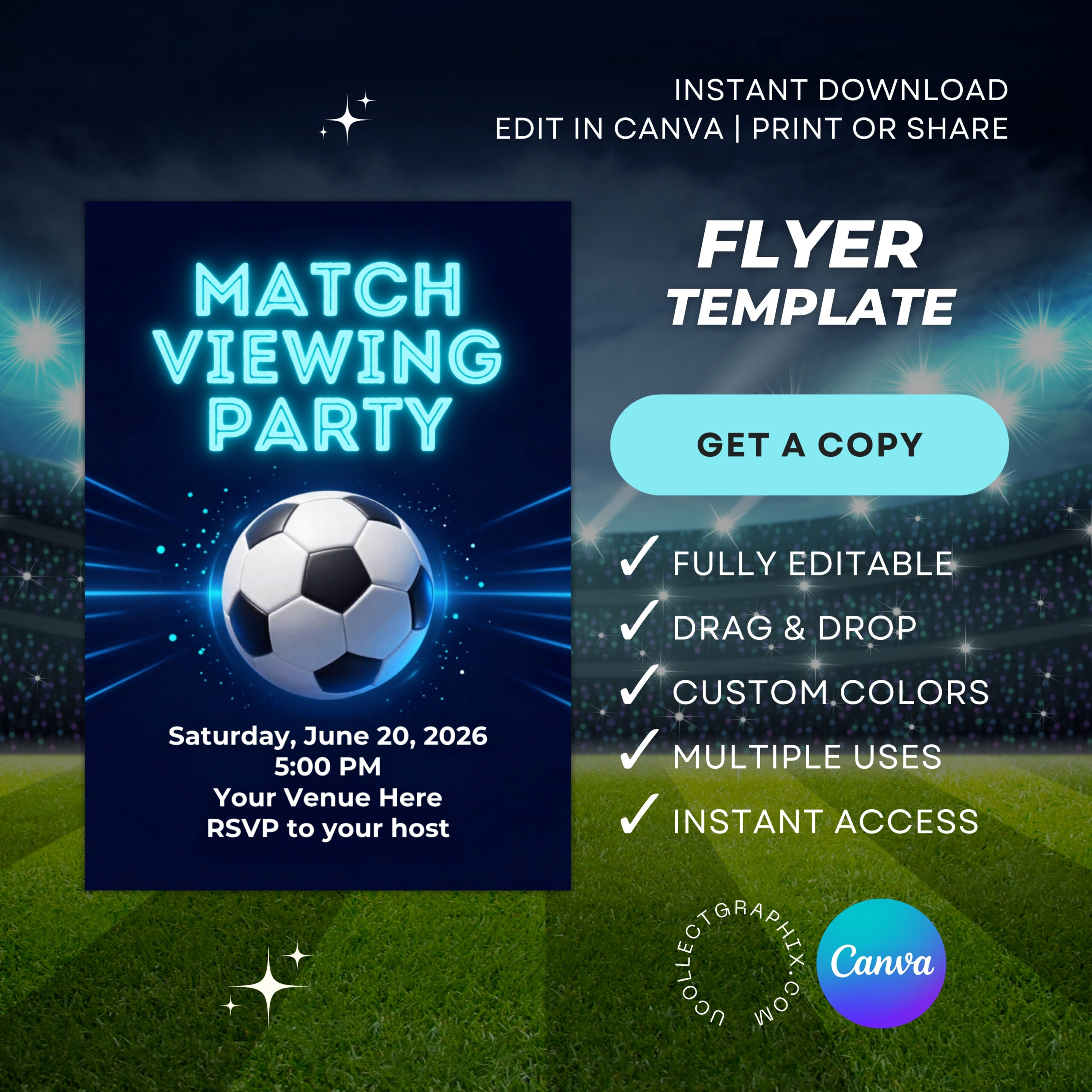Editable Soccer Match Viewing Party Flyer Canva Template | Football Game Night Invitation | Blue Cyan Sports Event Poster | MVPFLYER-005