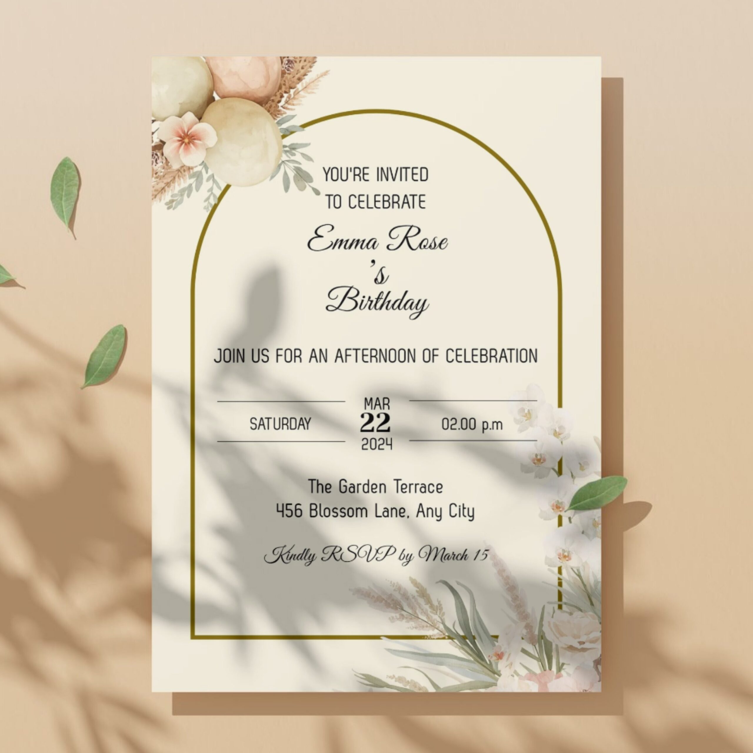 Editable Birthday Invitation Template Canva | Neutral Floral Birthday Invite | Boho Birthday Party Invitation | Printable Birthday | BDINVITE-003 - Image 5