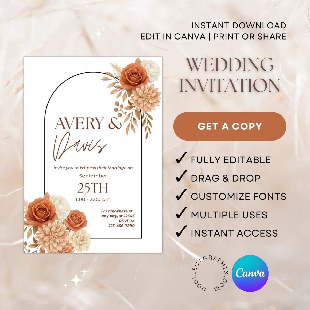 Editable Wedding Invitation Template | Terracotta Floral Wedding Invite | Boho Arch Canva Template | Modern Rustic Wedding Invitation | WEDINVITE-001