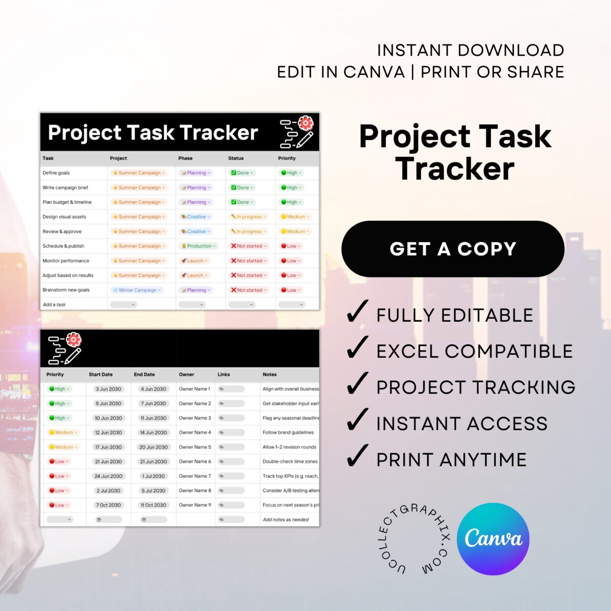 Editable Project Task Tracker Excel Template Canva | Project Management Planner | Phase Status Priority Workflow Spreadsheet | TRAC-011-01
