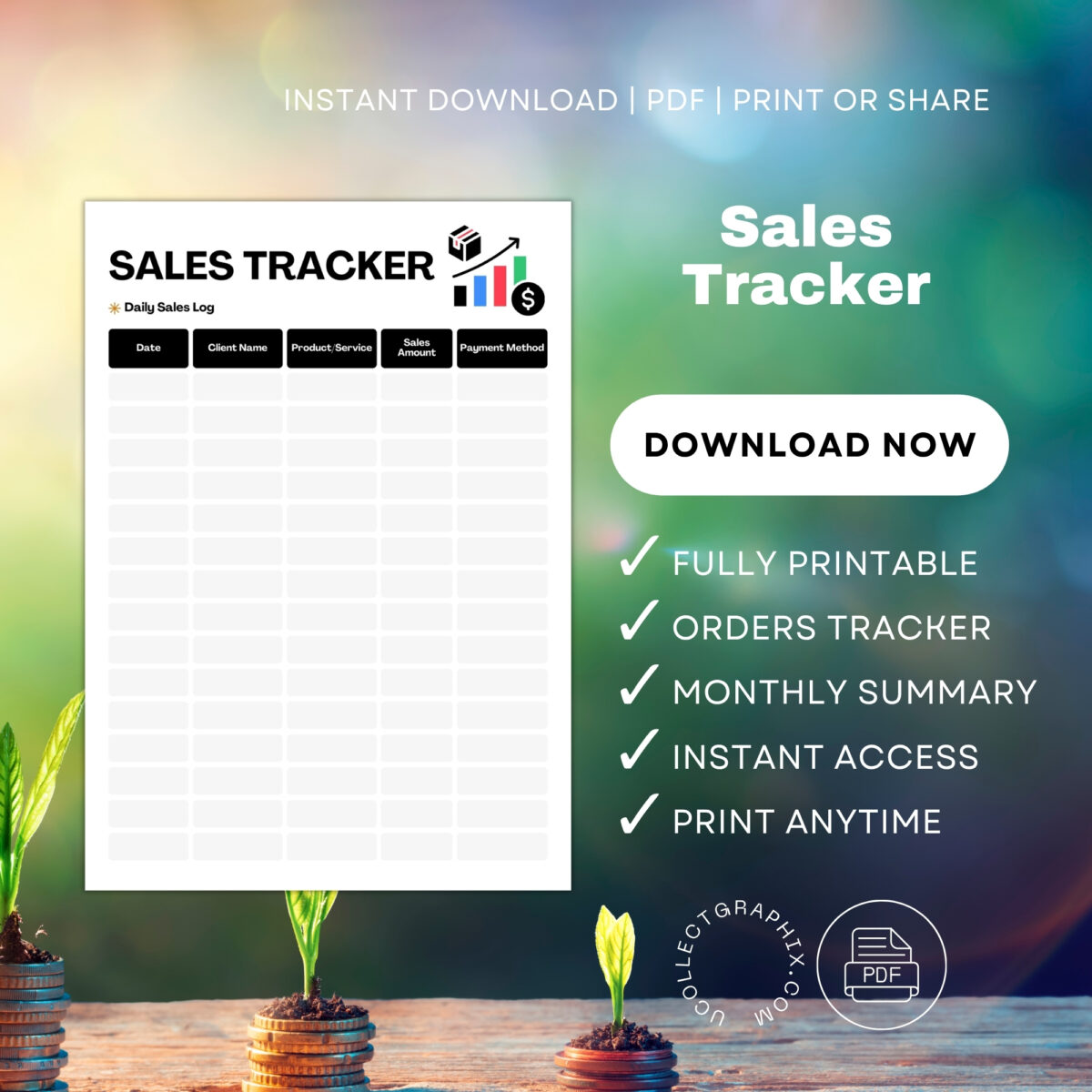 Monthly Sales Tracker & Daily Sales Log Printable | Sales Target & Performance Tracker | Black TRAC-014-01