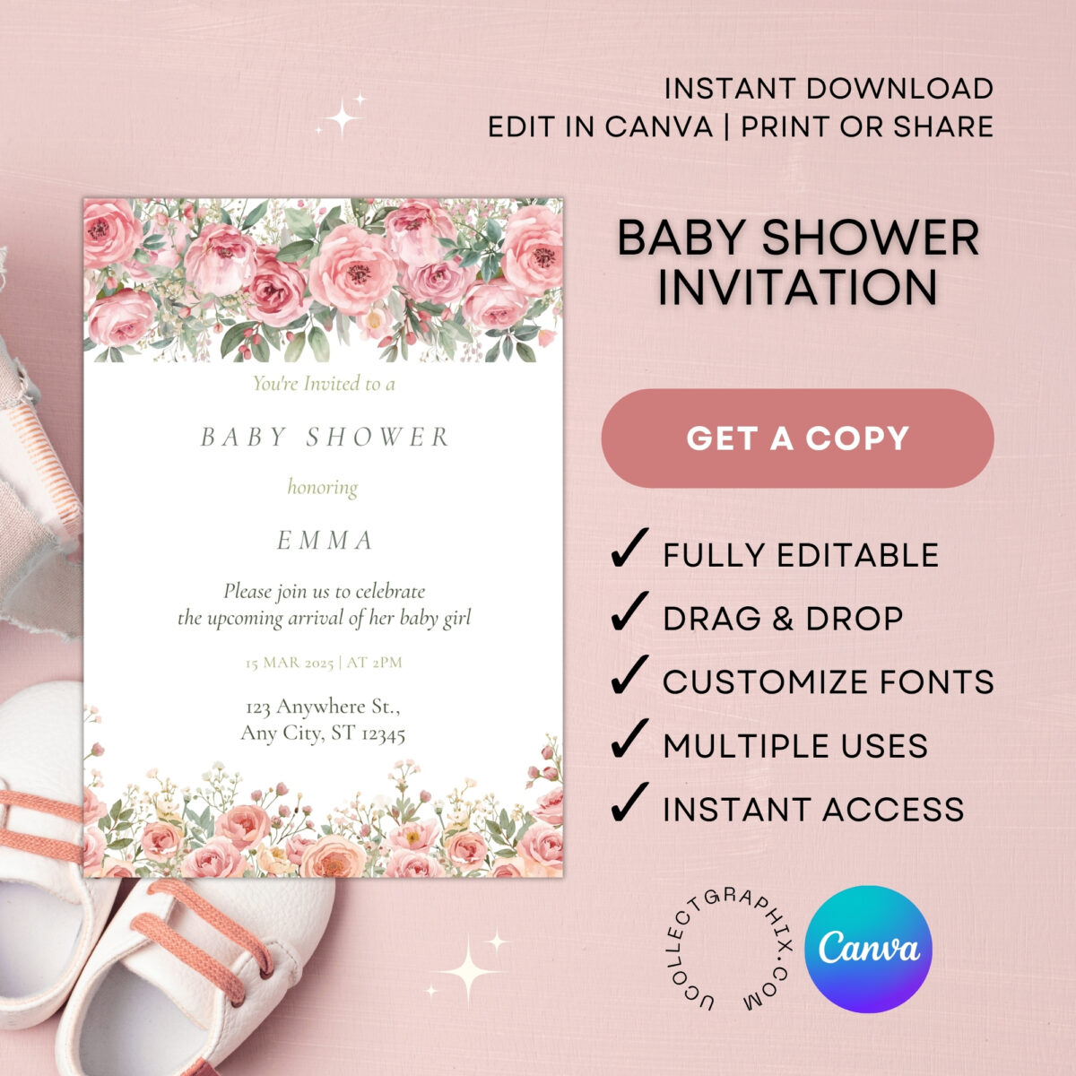 Editable Baby Girl Shower Invitation Template | Floral Pink Baby Shower Invite | Canva Template Printable | BSINVITE-008