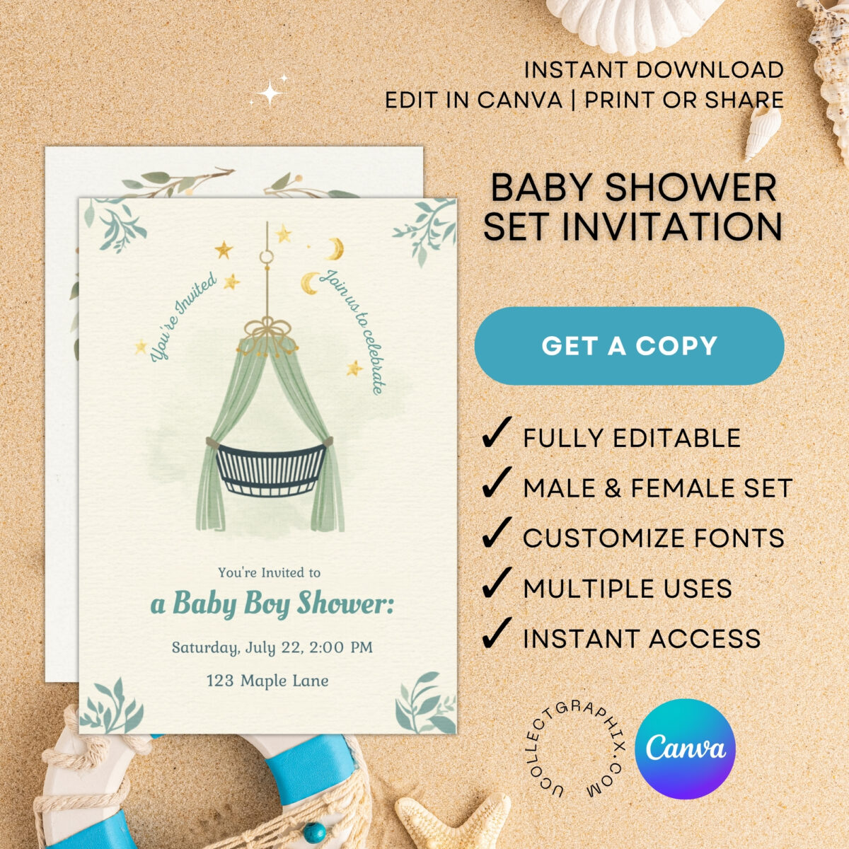Editable Baby Shower Invitation Bundle Template Set of 2 for Boy & Girl | Neutral Boho Canva Invite | Printable Baby Shower Invitations | BDLINVITE-003