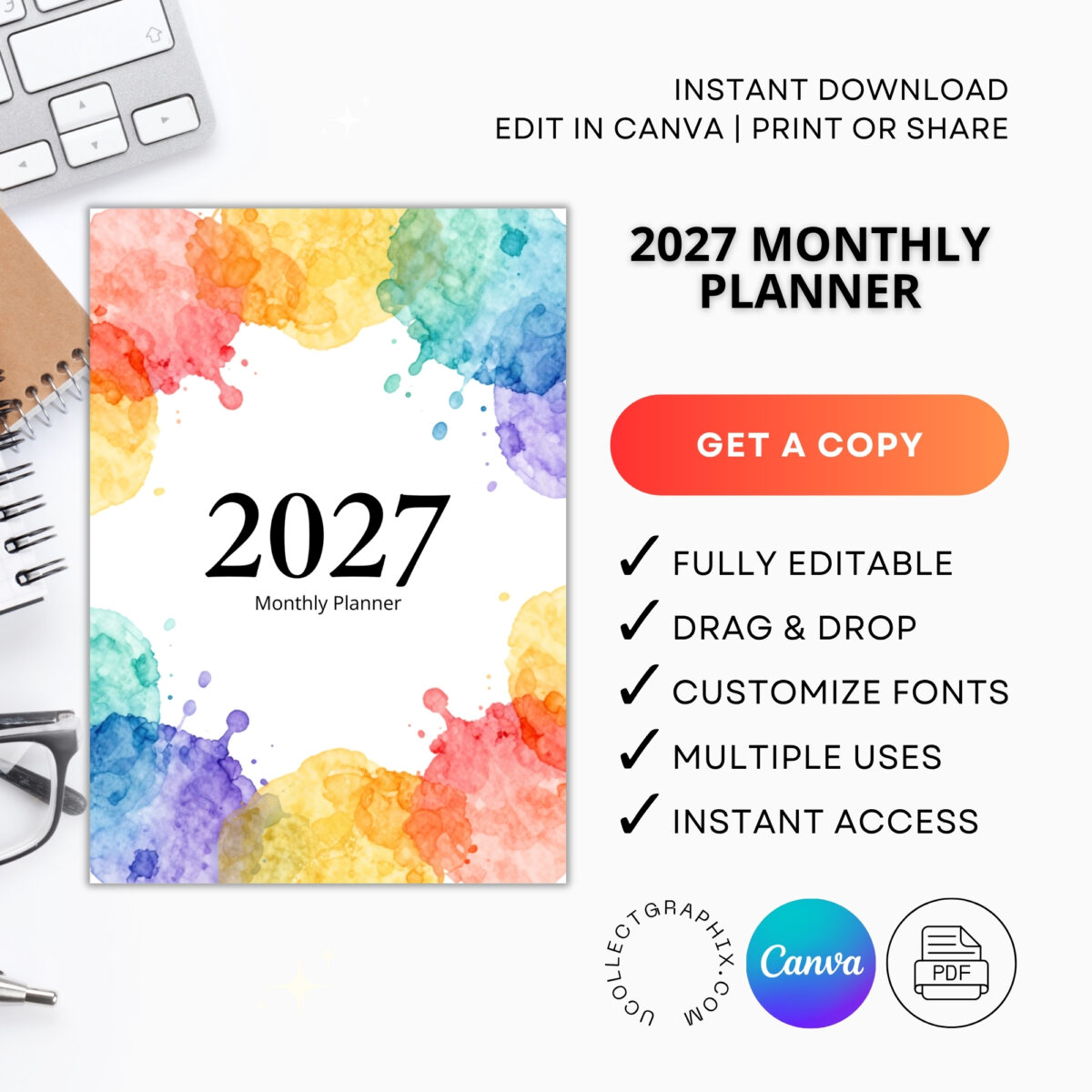 Editable 2027 Monthly Planner Calendar Canva Template | Monthly Goals, Important Dates & Notes | CAL2027-001